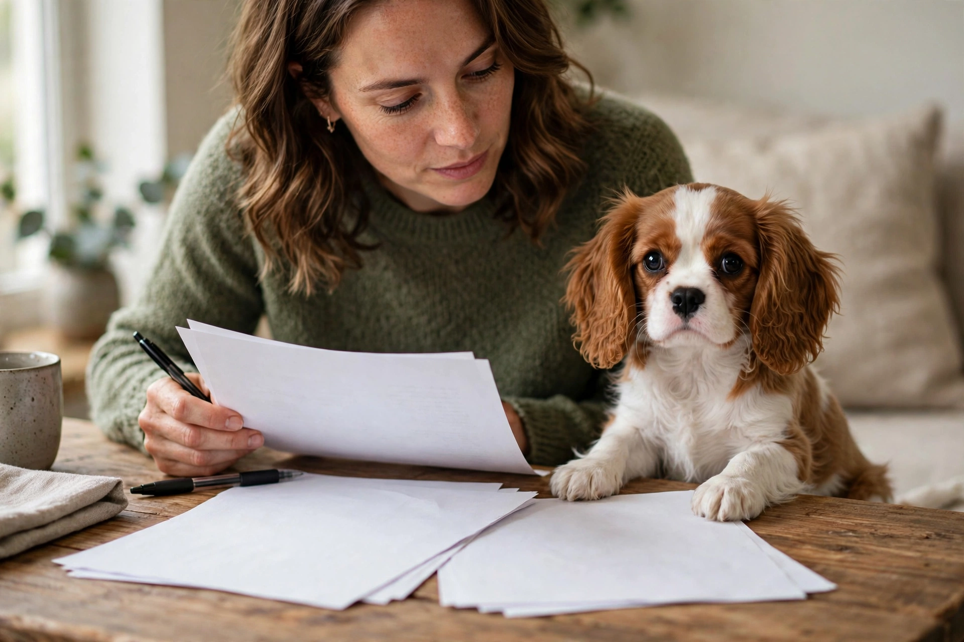 Person reviewing puppy purchase contract documents at a table with a Cavalier King Charles Spaniel puppy nearby