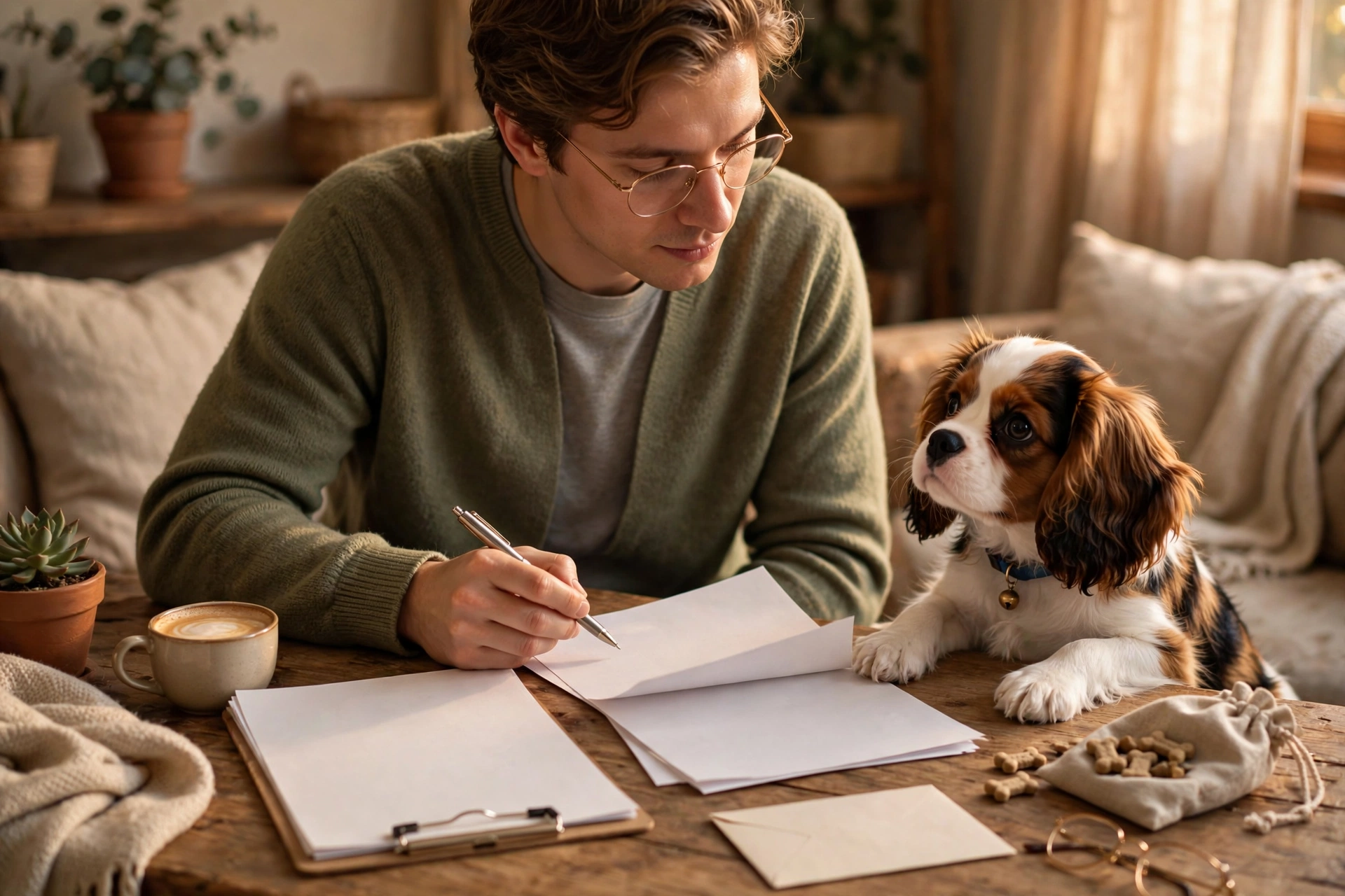 Person reviewing a puppy purchase contract and health papers at a wooden table with a Cavalier King Charles Spaniel puppy nearby