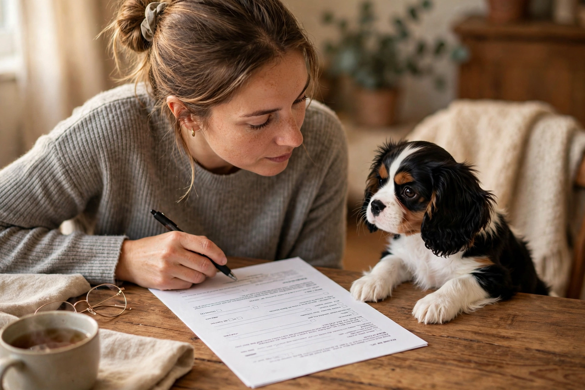 Person reading a puppy purchase contract with a Cavalier King Charles Spaniel puppy nearby