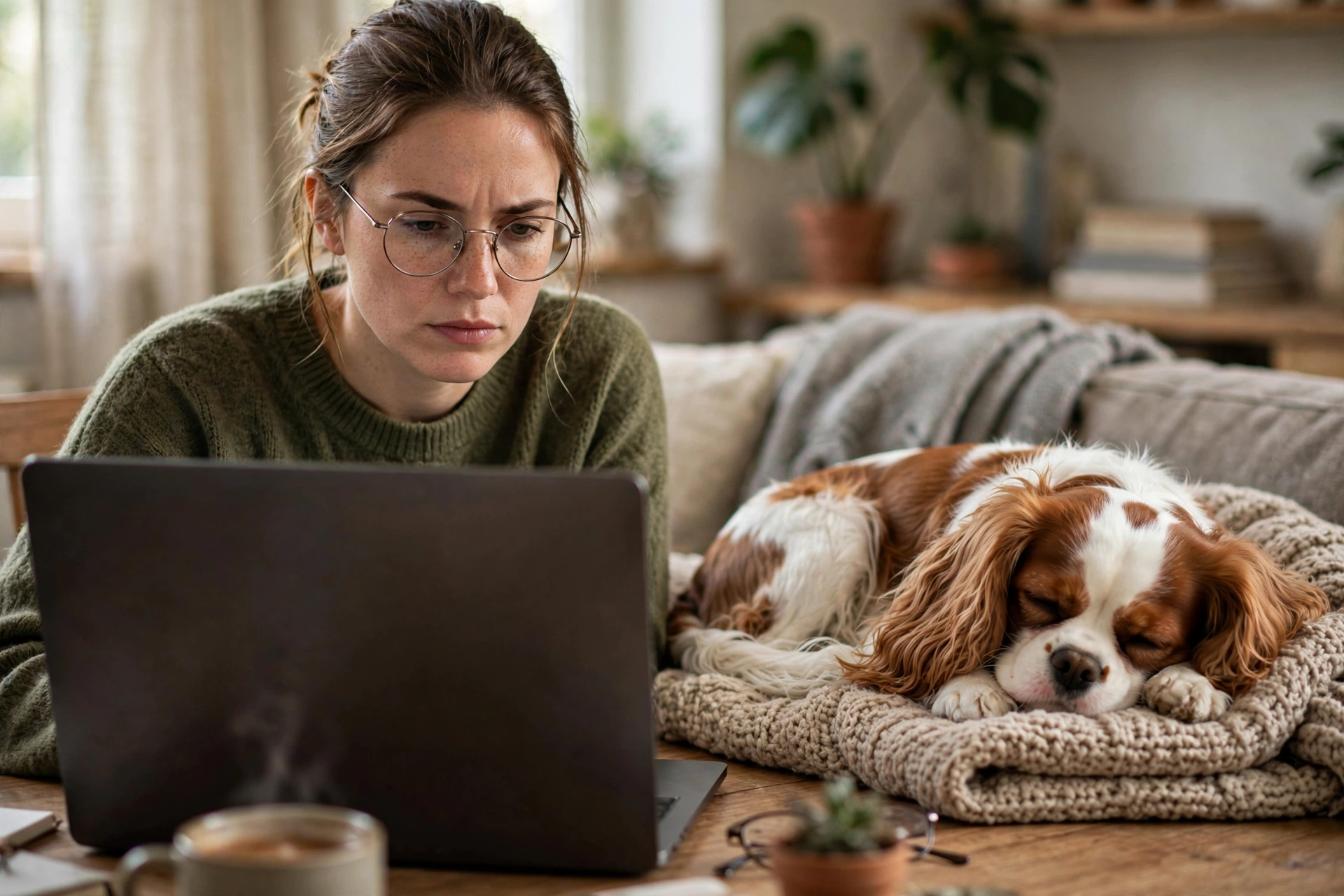 Person carefully researching Maryland Cavalier breeders online to avoid puppy mills and scams