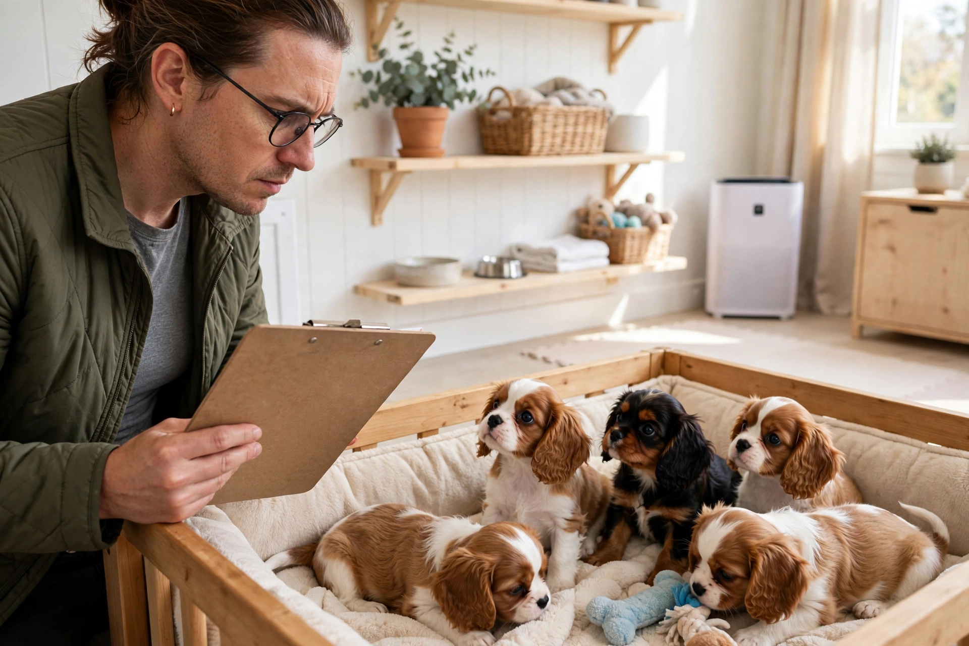 Person with a checklist inspecting a clean bright puppy nursery room with Cavalier puppies in a playpen