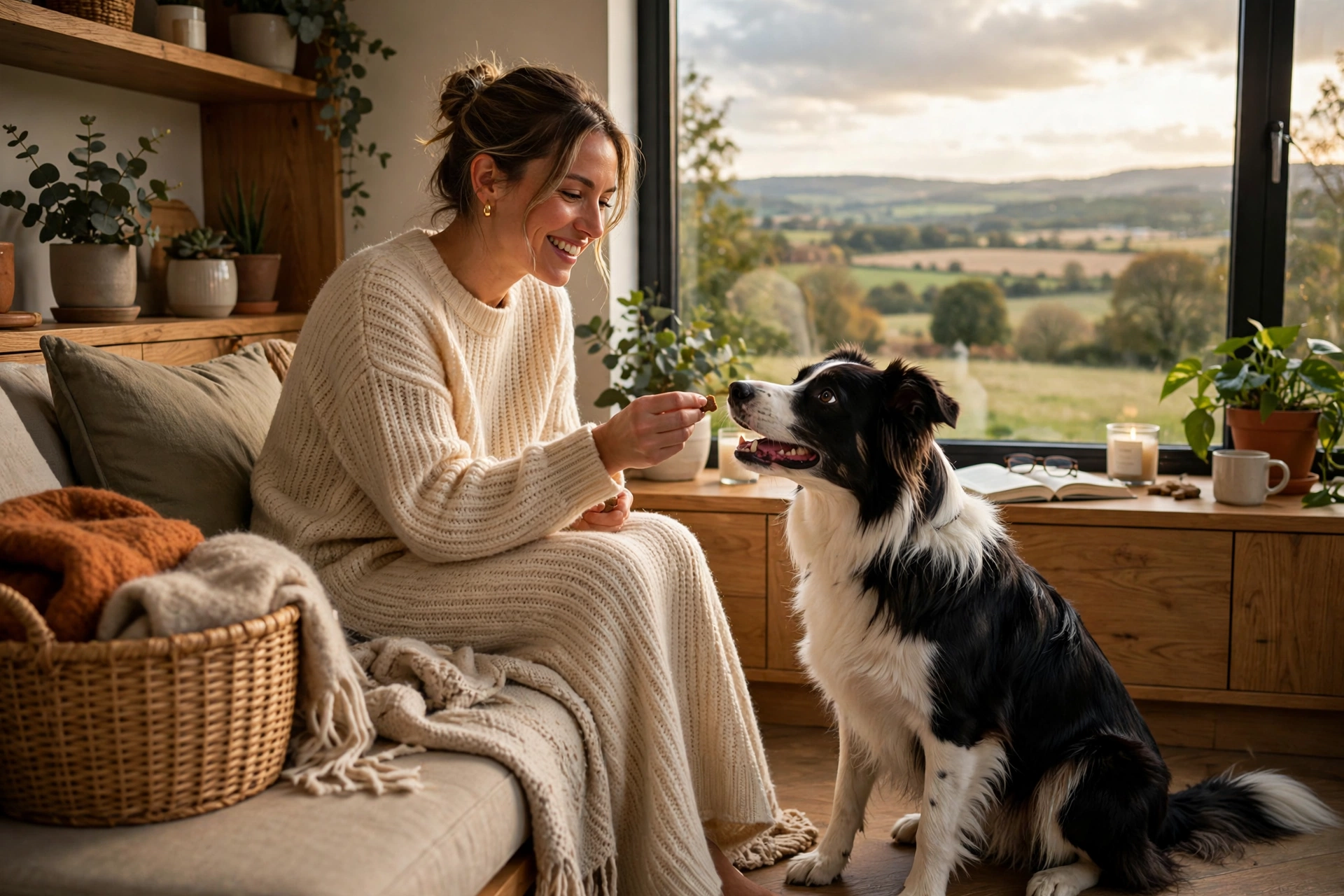 Owner happily rewarding a dog with a treat for good behavior