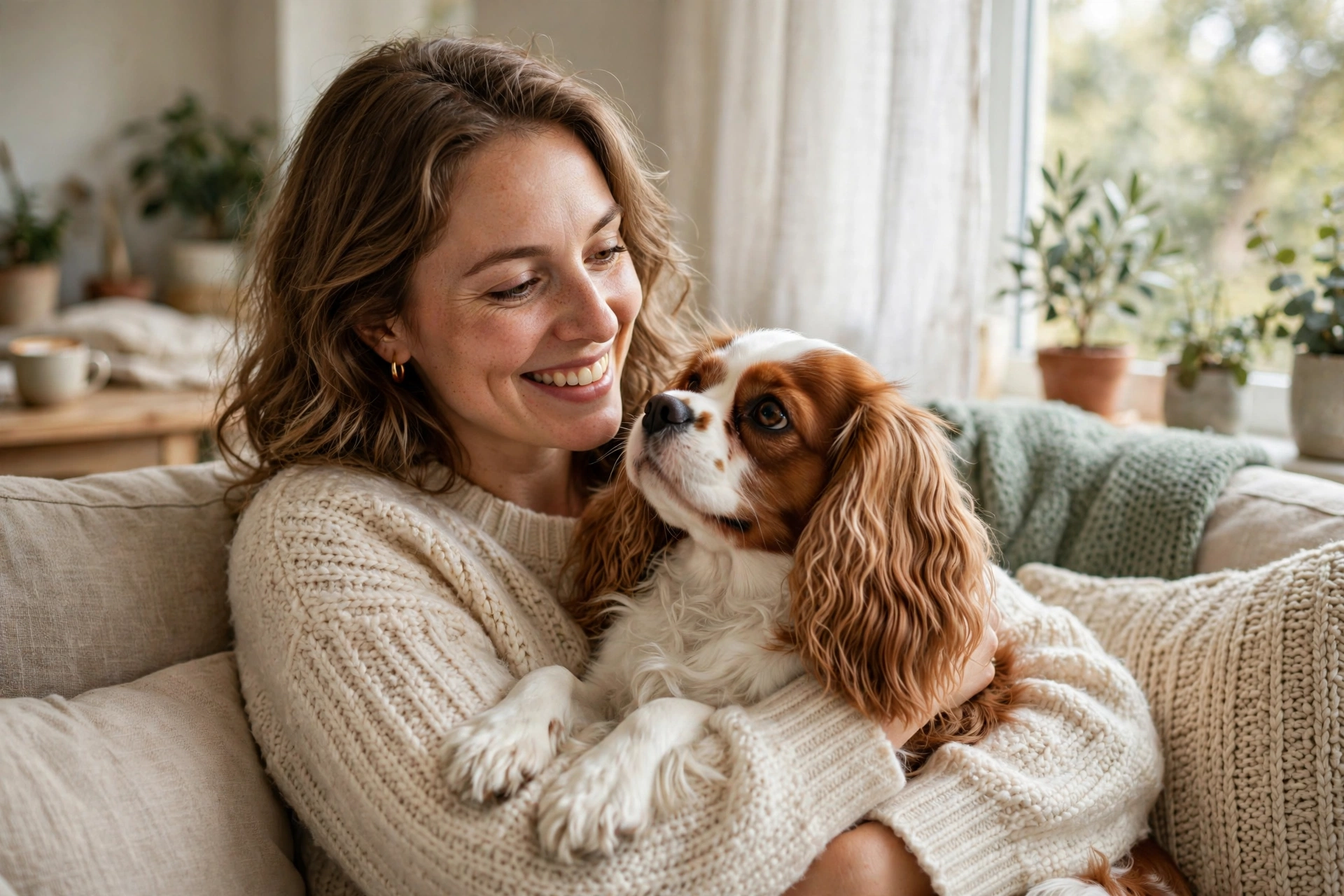 Cavalier King Charles Spaniel cuddling with its owner on a couch