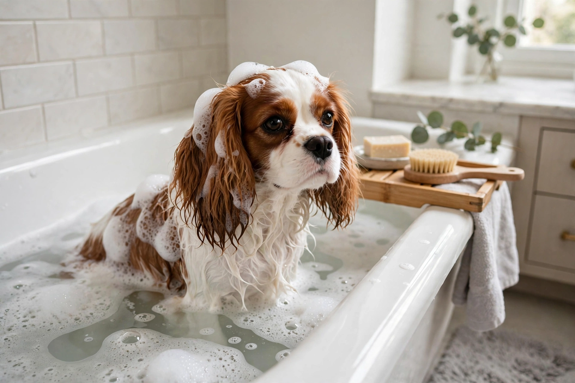 Cavalier King Charles Spaniel being bathed in a tub