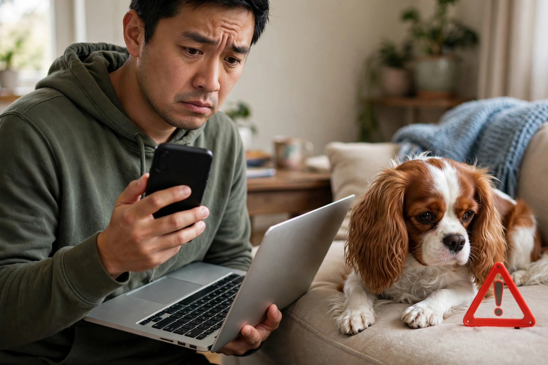 Concerned person researching dog breeders online with a laptop