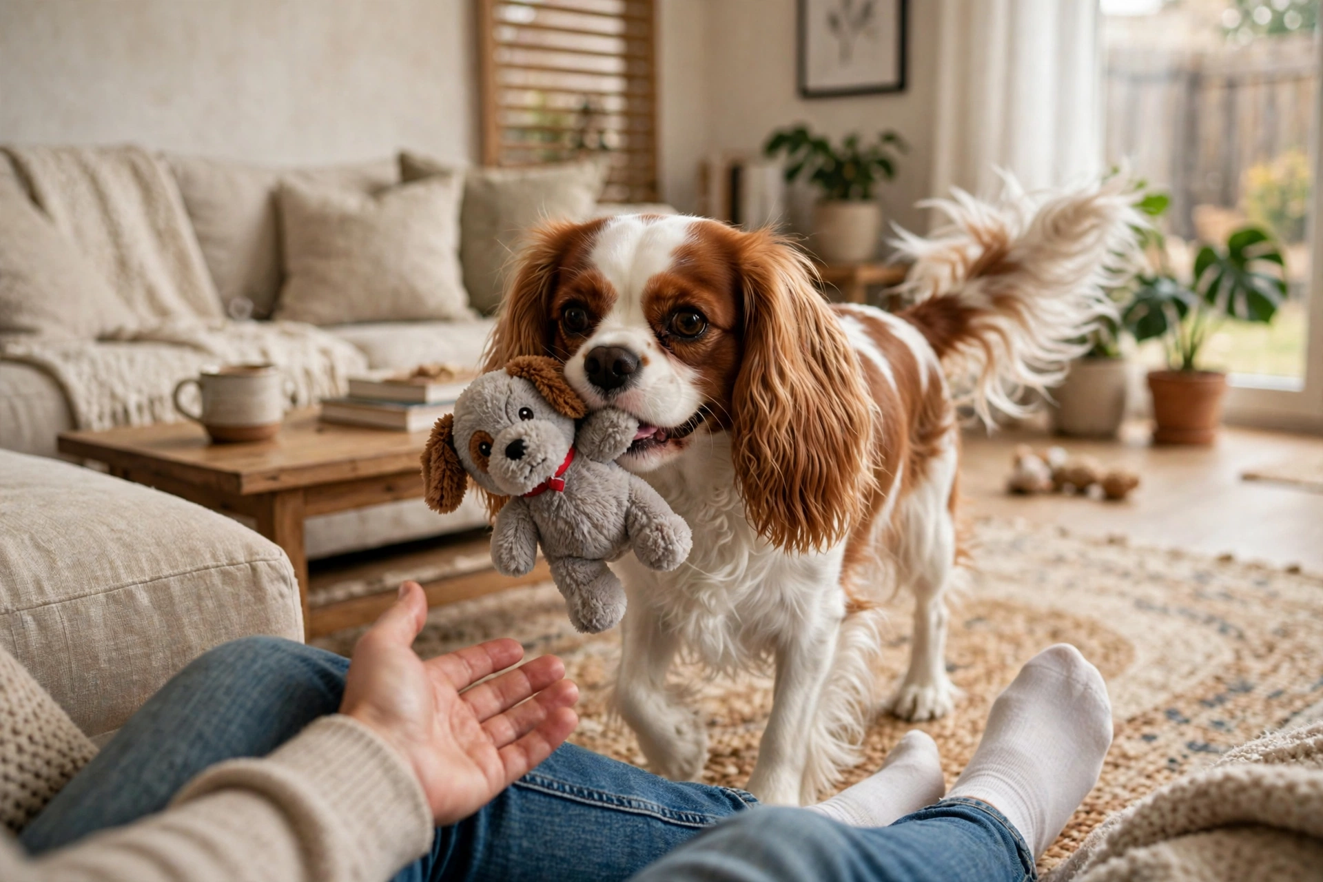 Cavalier King Charles Spaniel carrying a plush toy toward its owner