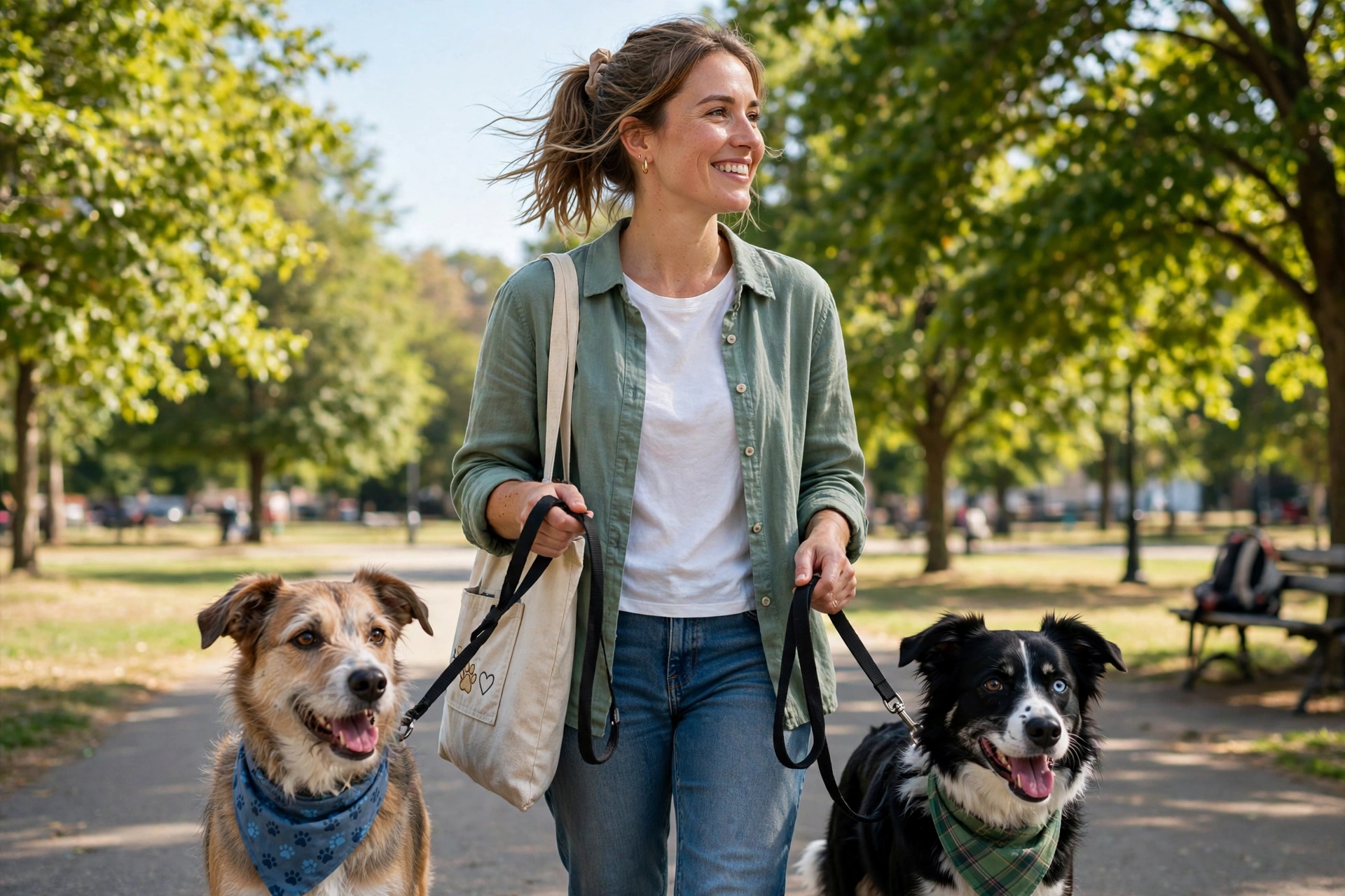 Woman walking two adopted rescue dogs in a sunny park