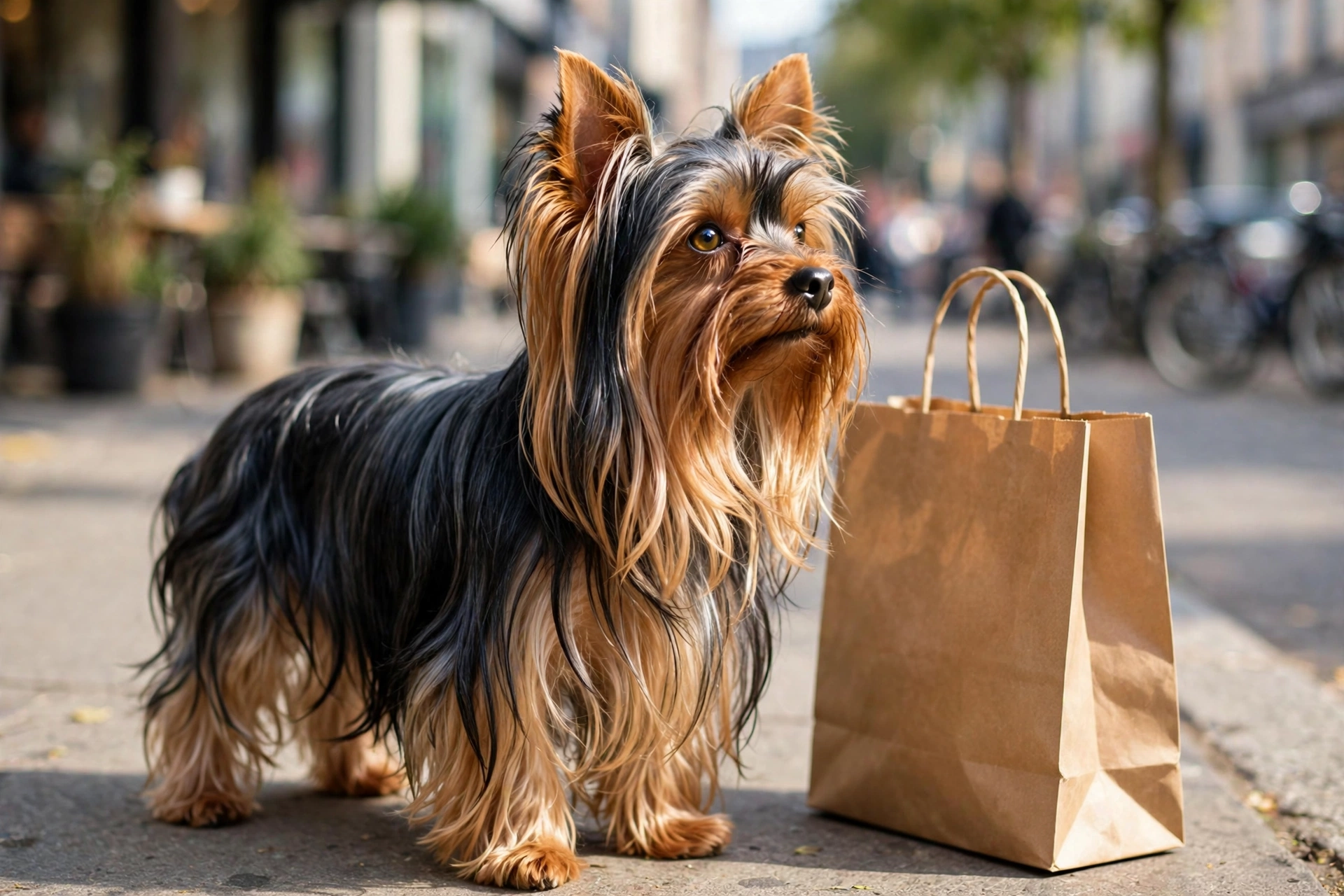 Yorkshire Terrier with silky coat standing by a shopping bag