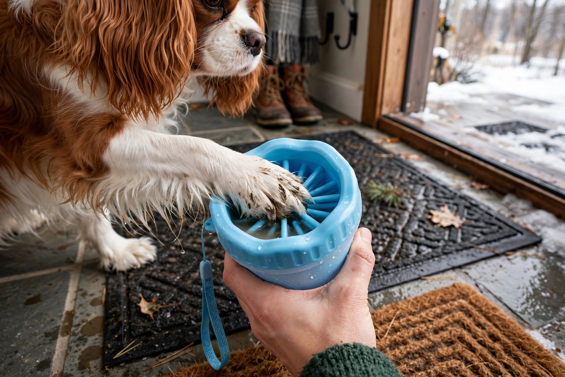 Portable paw washer cup cleaning a Cavalier King Charles Spaniel's paw after a walk