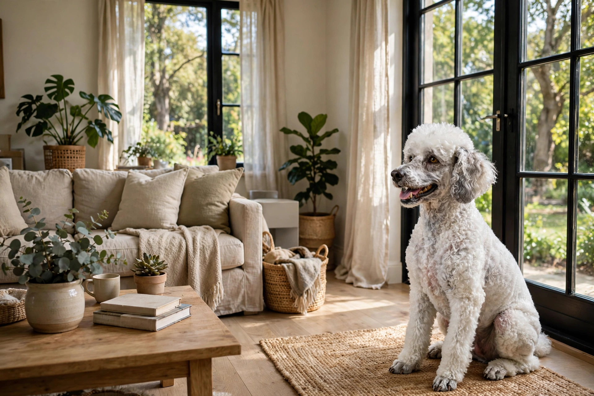 Senior white Toy Poodle with a gray muzzle sitting by a bright window