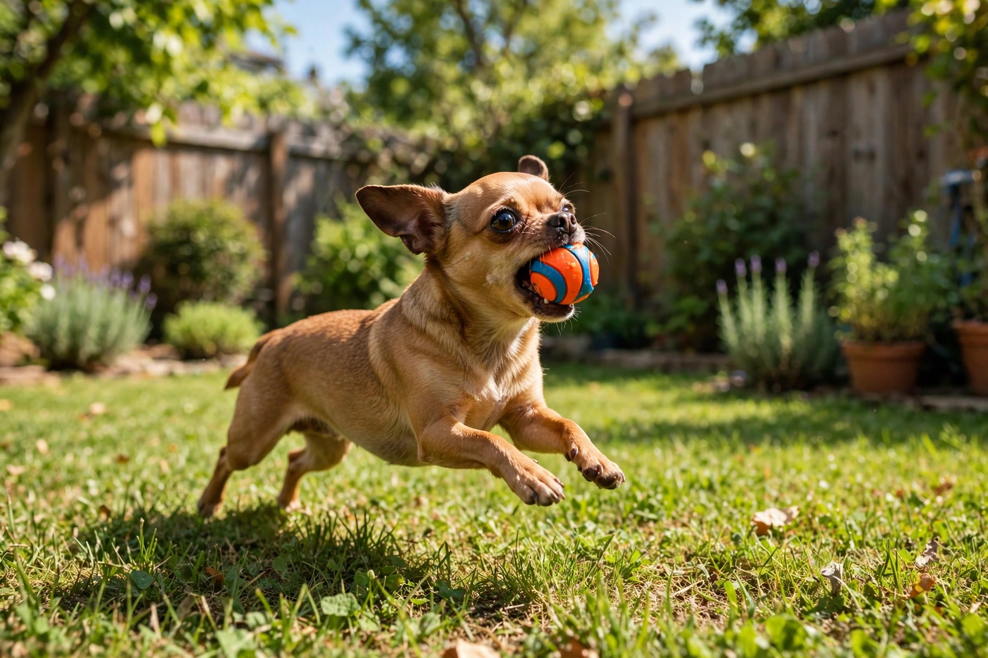 Small Chihuahua catching a tiny orange and blue Chuckit Ultra Ball in a backyard