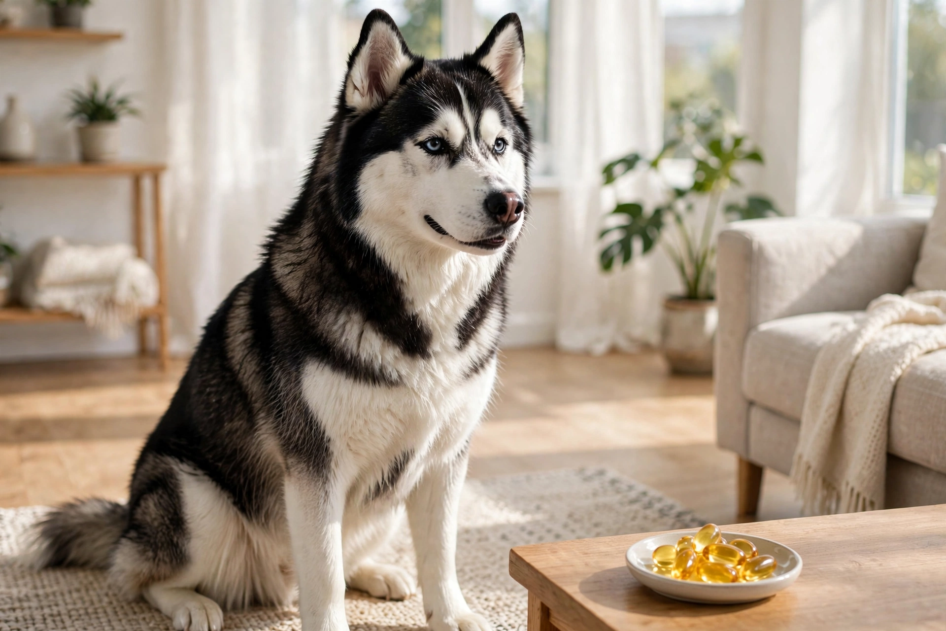 Dog with shiny coat next to omega-3 fish oil soft gels