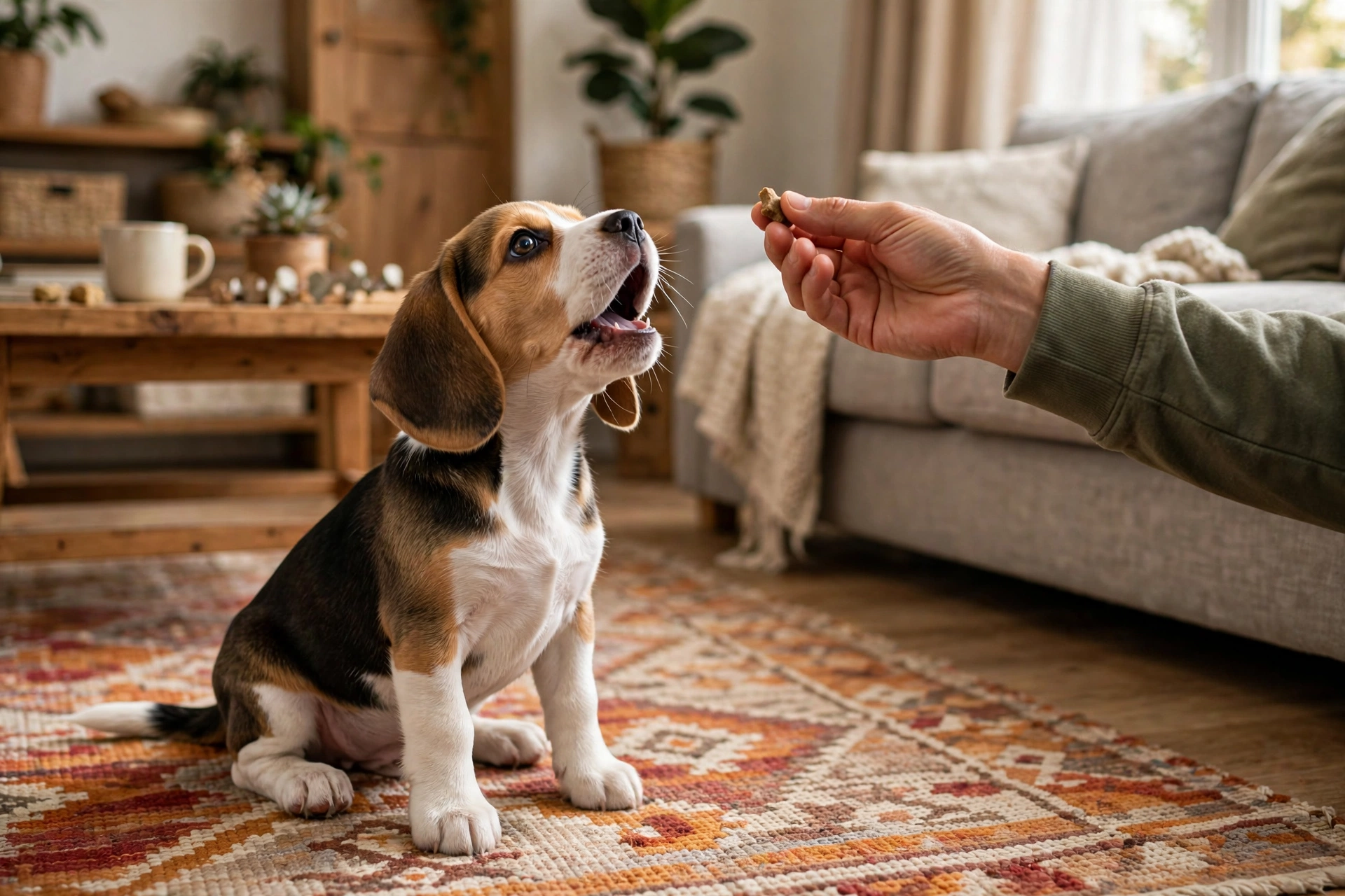 Beagle puppy howling upward to get its owner's attention