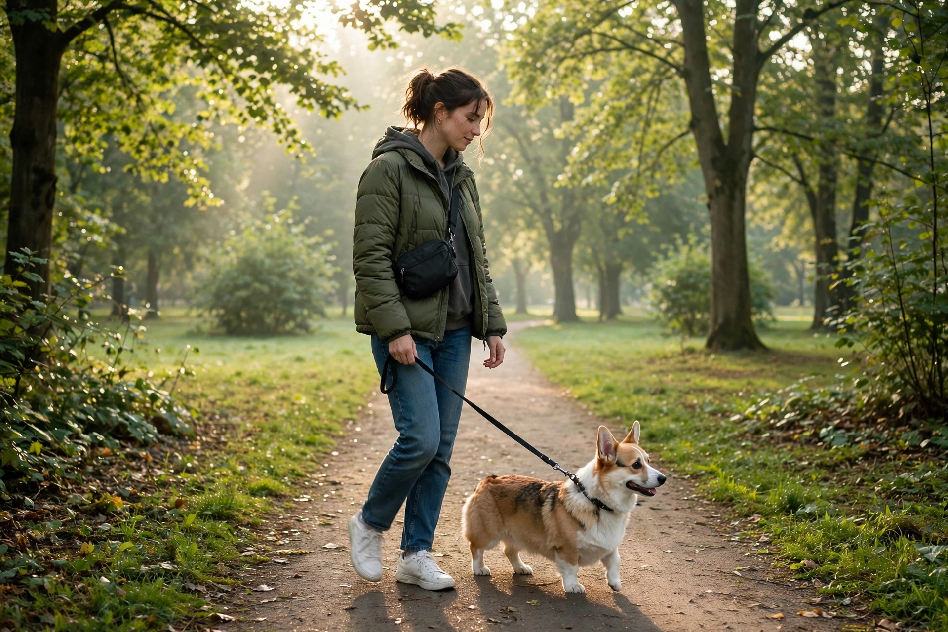 Owner walking a corgi on a gentle morning walk to stimulate digestion