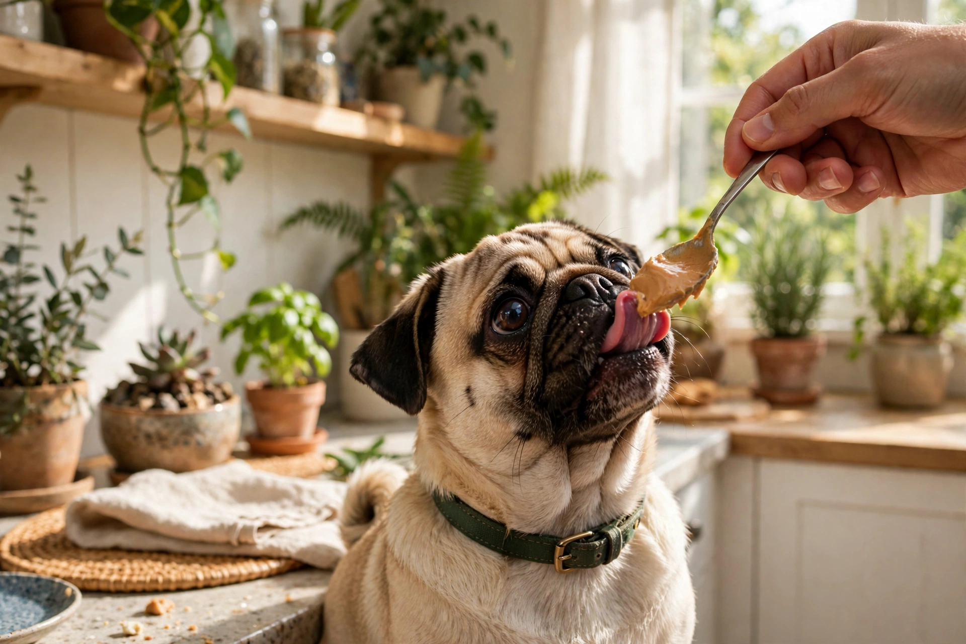 Fawn pug licking peanut butter off a spoon in a sunny kitchen