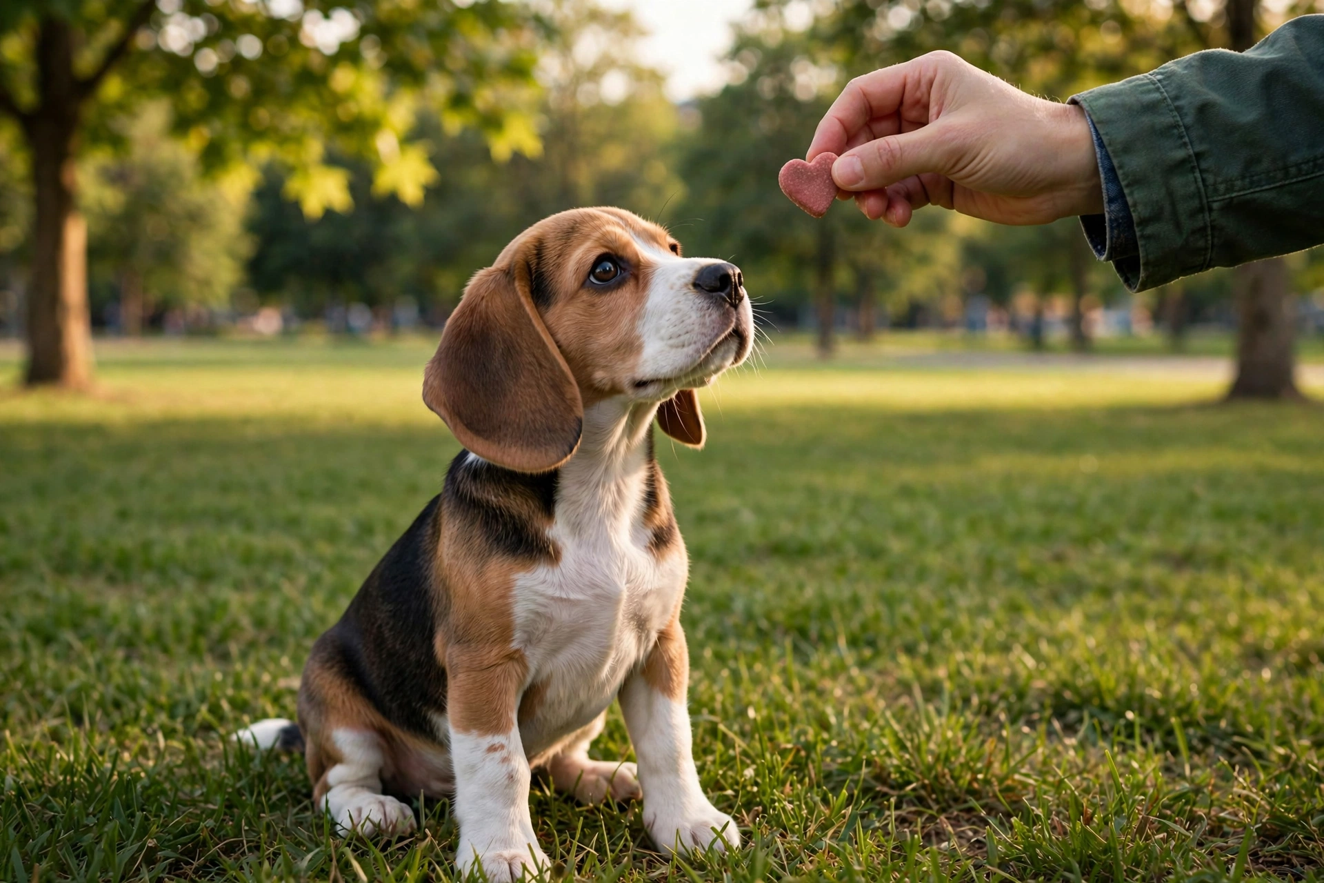 Young beagle puppy sitting in grass looking up at a small soft training treat held by a trainer