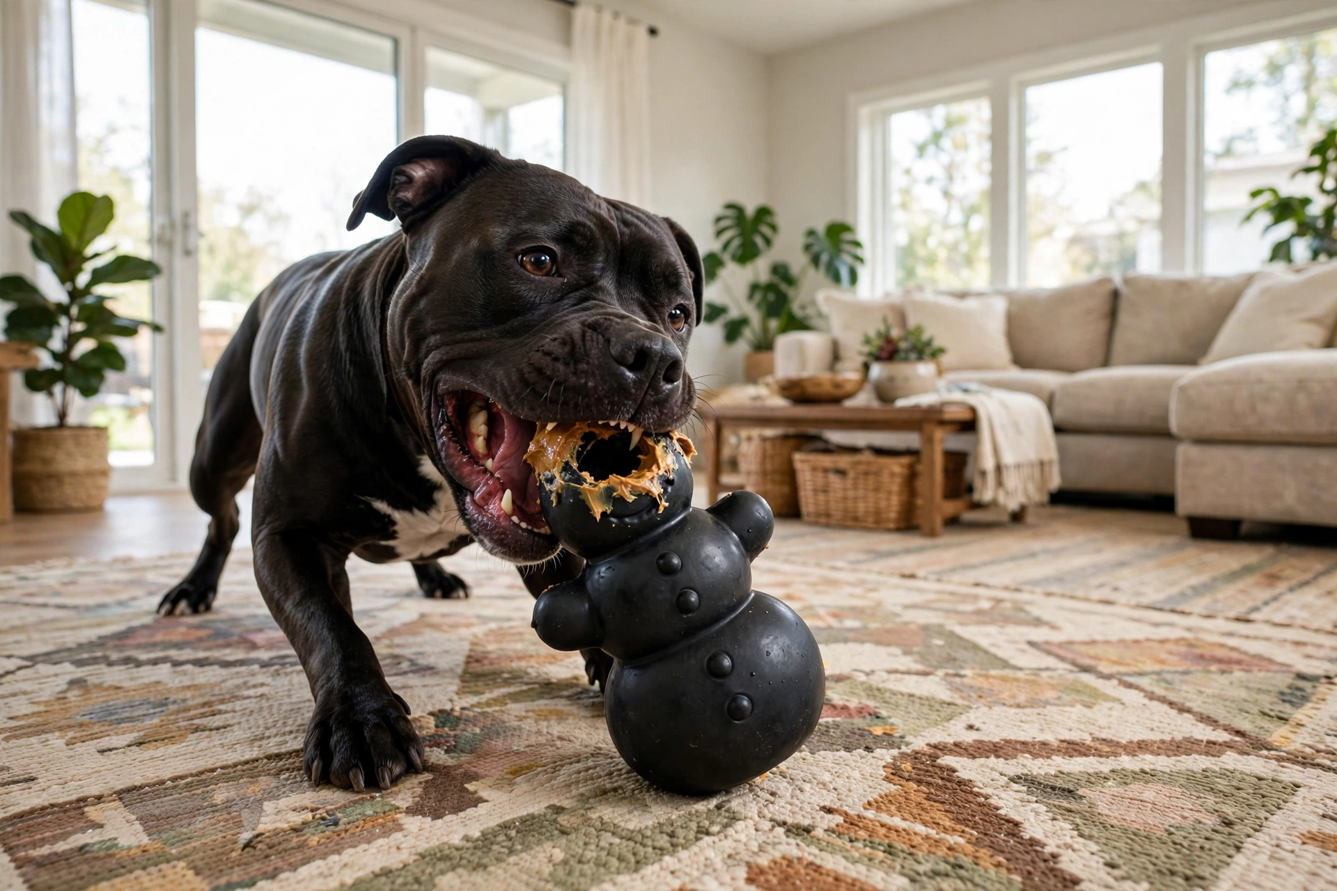 Black pit bull chewing a black rubber treat-stuffing chew toy