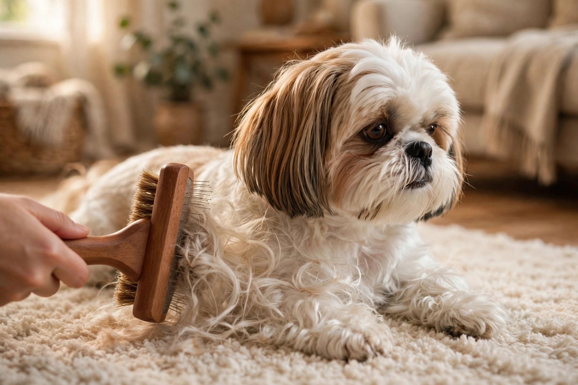 Hartz Groomer's Best combo brush detangling a small Shih Tzu's long coat