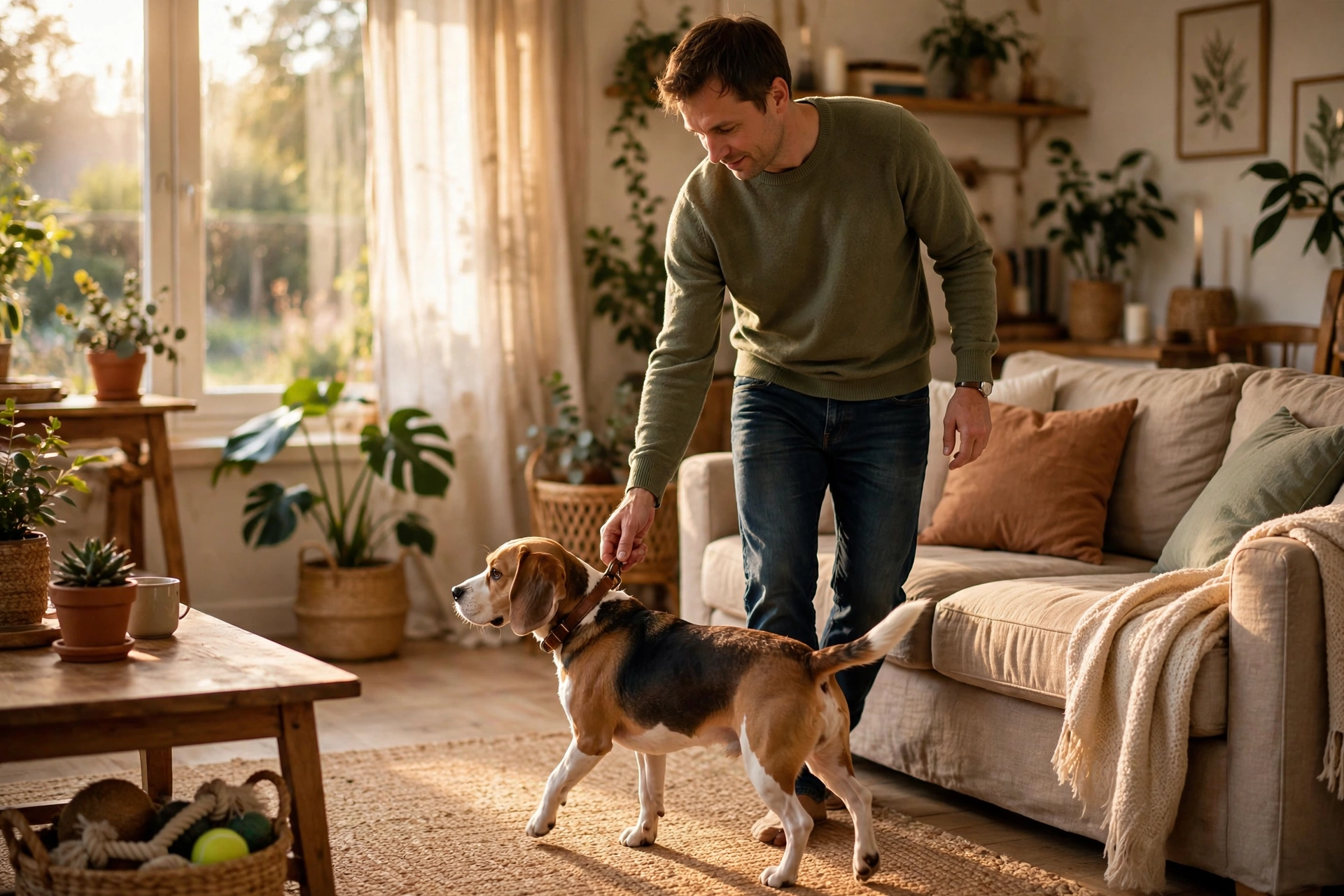 Owner calmly redirecting a beagle away from a sofa it was sniffing