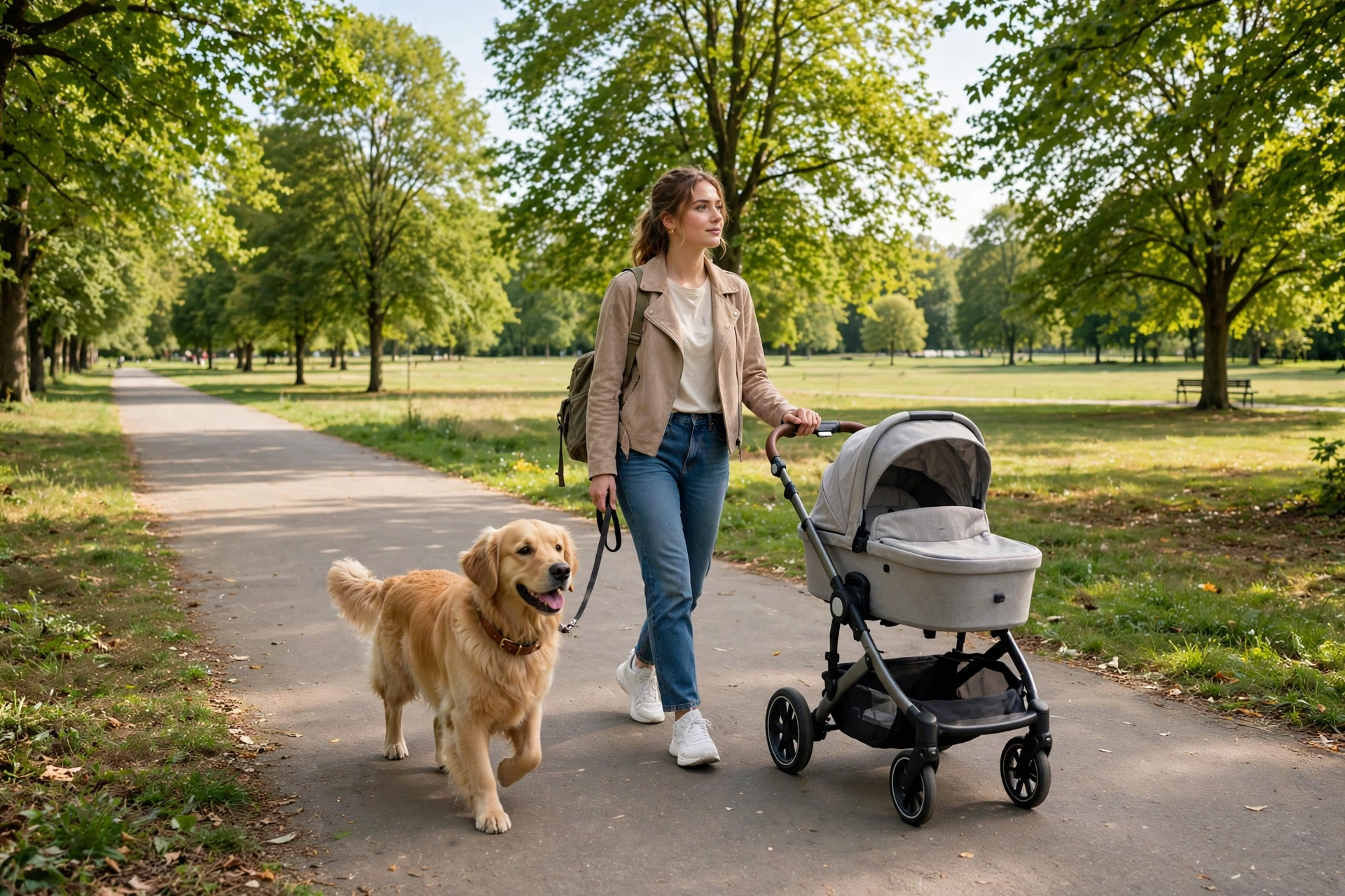 Woman walking a dog alongside an empty stroller in a park