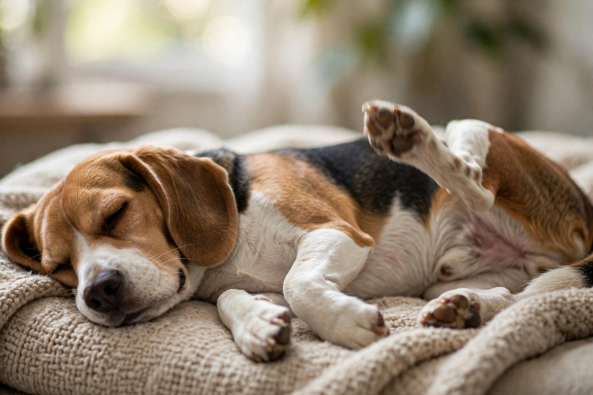 Beagle asleep with leg twitching gently during a dream