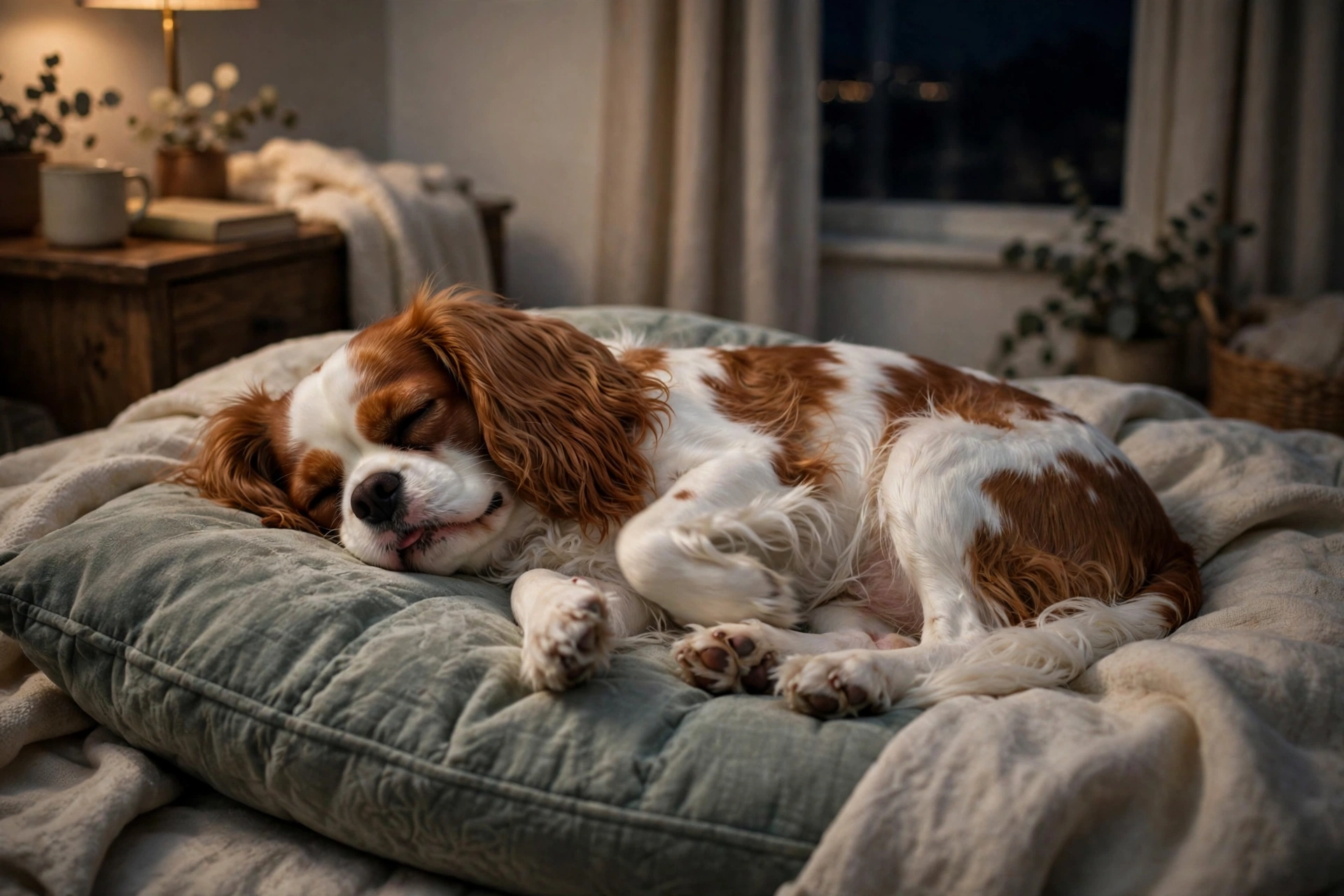 Cavalier spaniel groaning softly while dreaming on a cushion at night