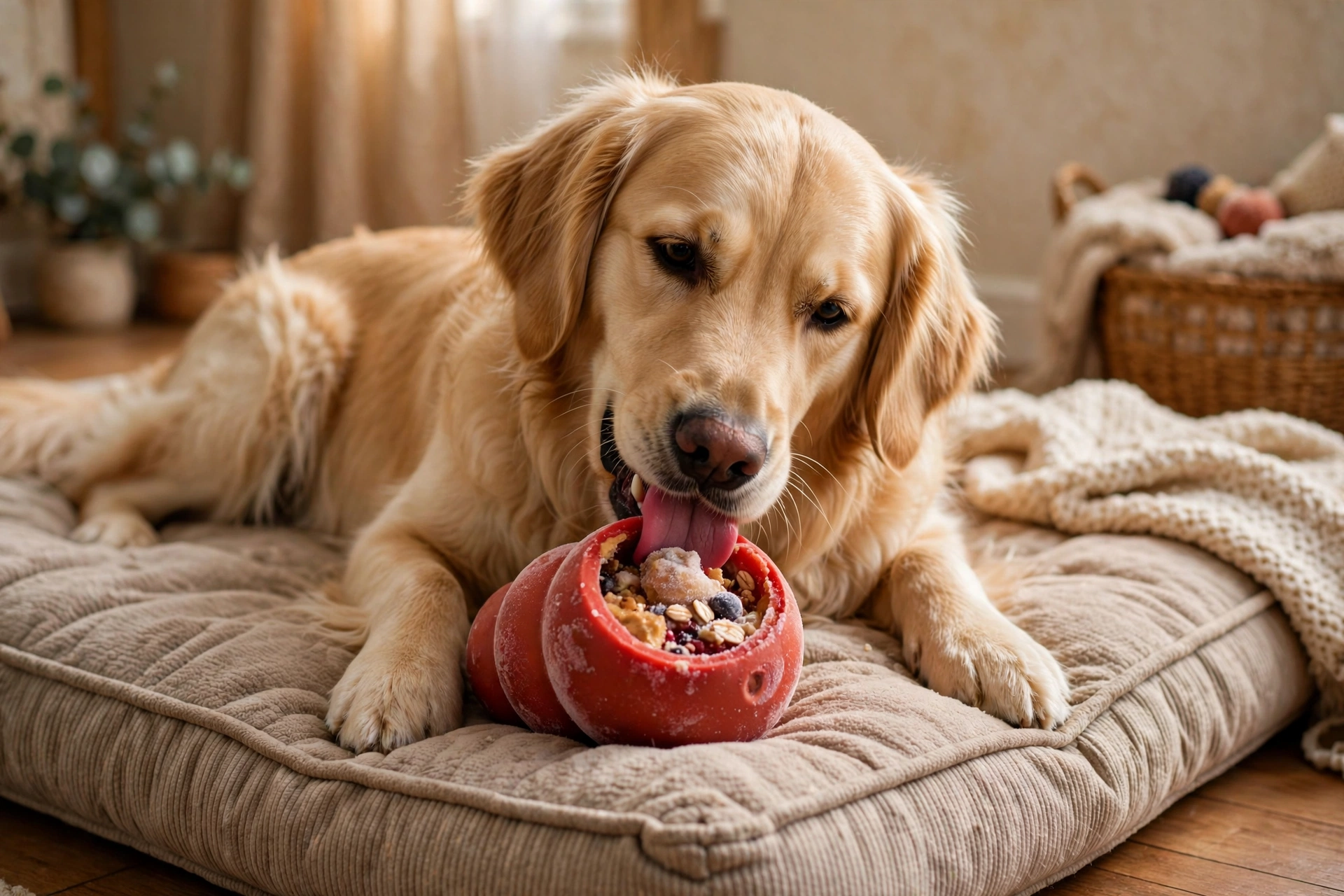 Dog happily licking a frozen stuffed Kong toy on a dog bed