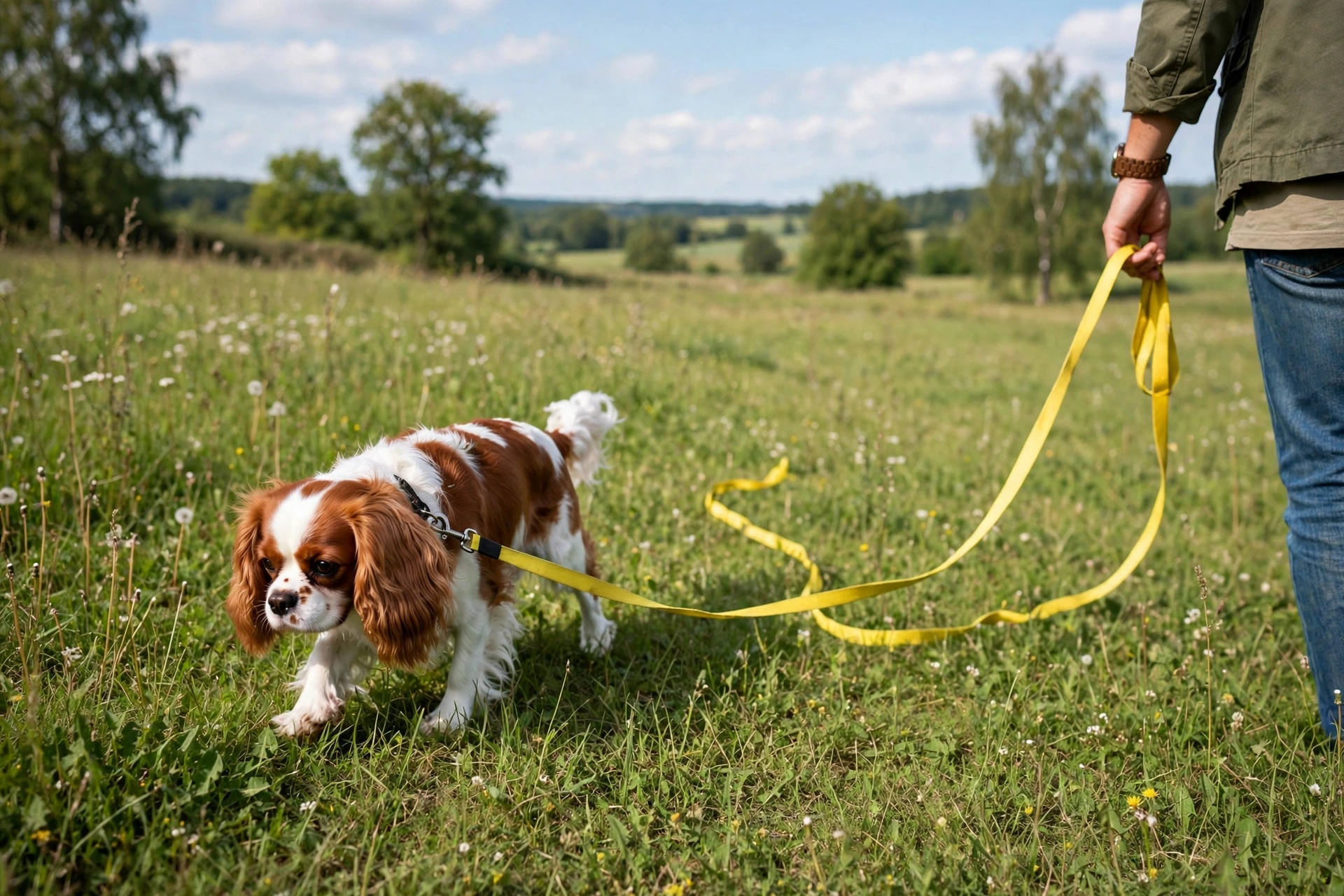 Dog on a long training leash in a field