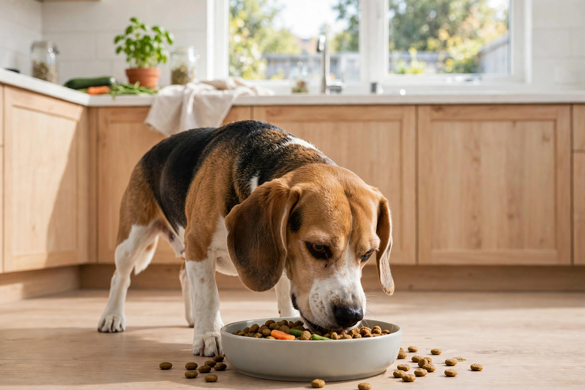 Healthy fit beagle eating from a food bowl in a kitchen