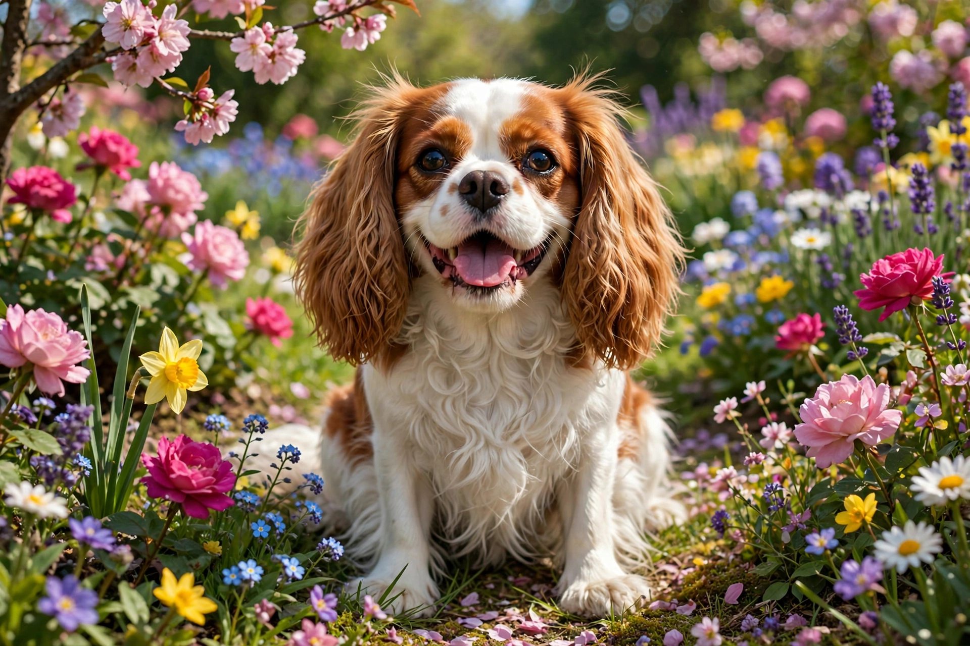 Cavalier King Charles Spaniel in a blooming garden