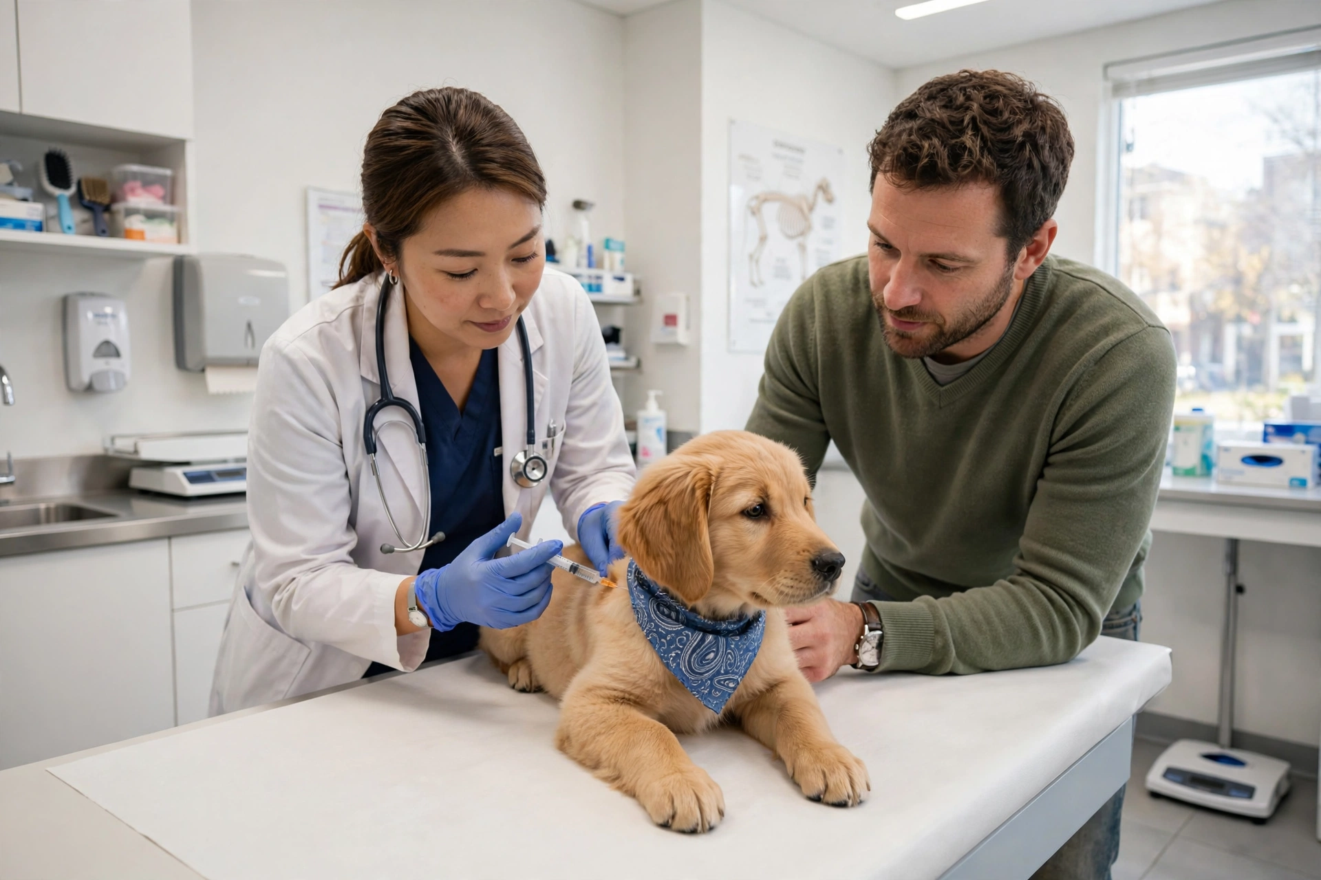Puppy calmly receiving a vaccination at a modern vet clinic