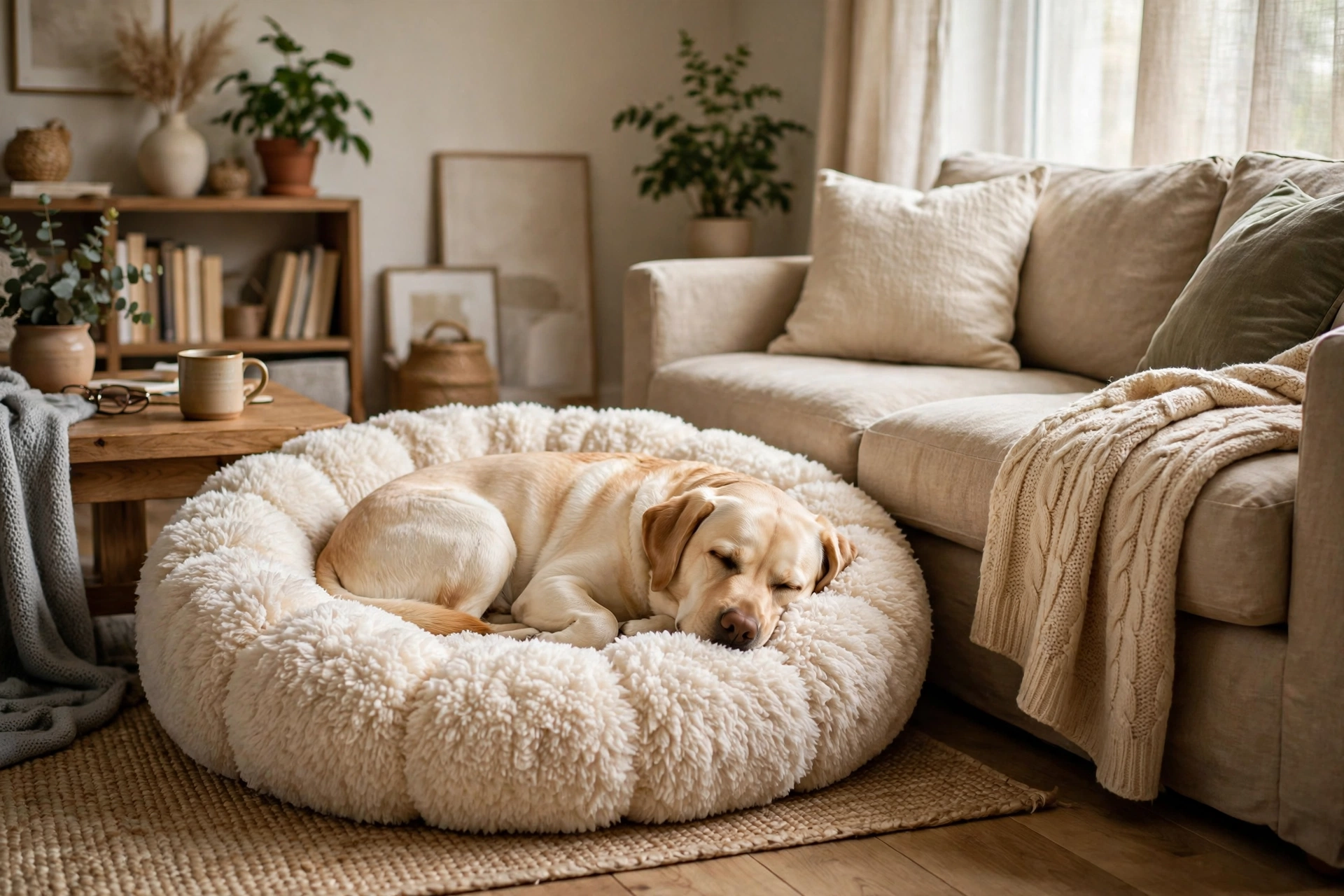 Dog resting in a cozy donut dog bed placed next to the couch