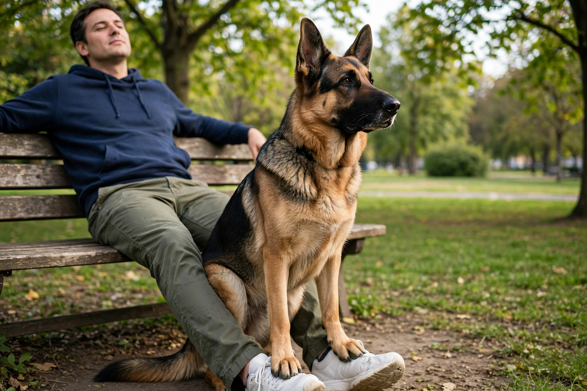 German shepherd sitting protectively on its owner's feet at a park