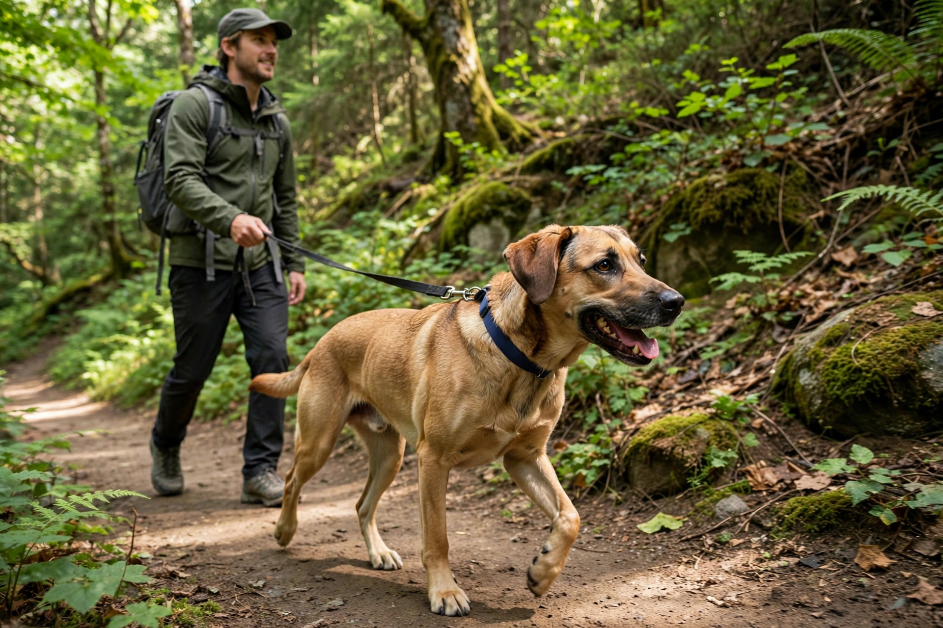 Slim labrador mix walking on a forest trail