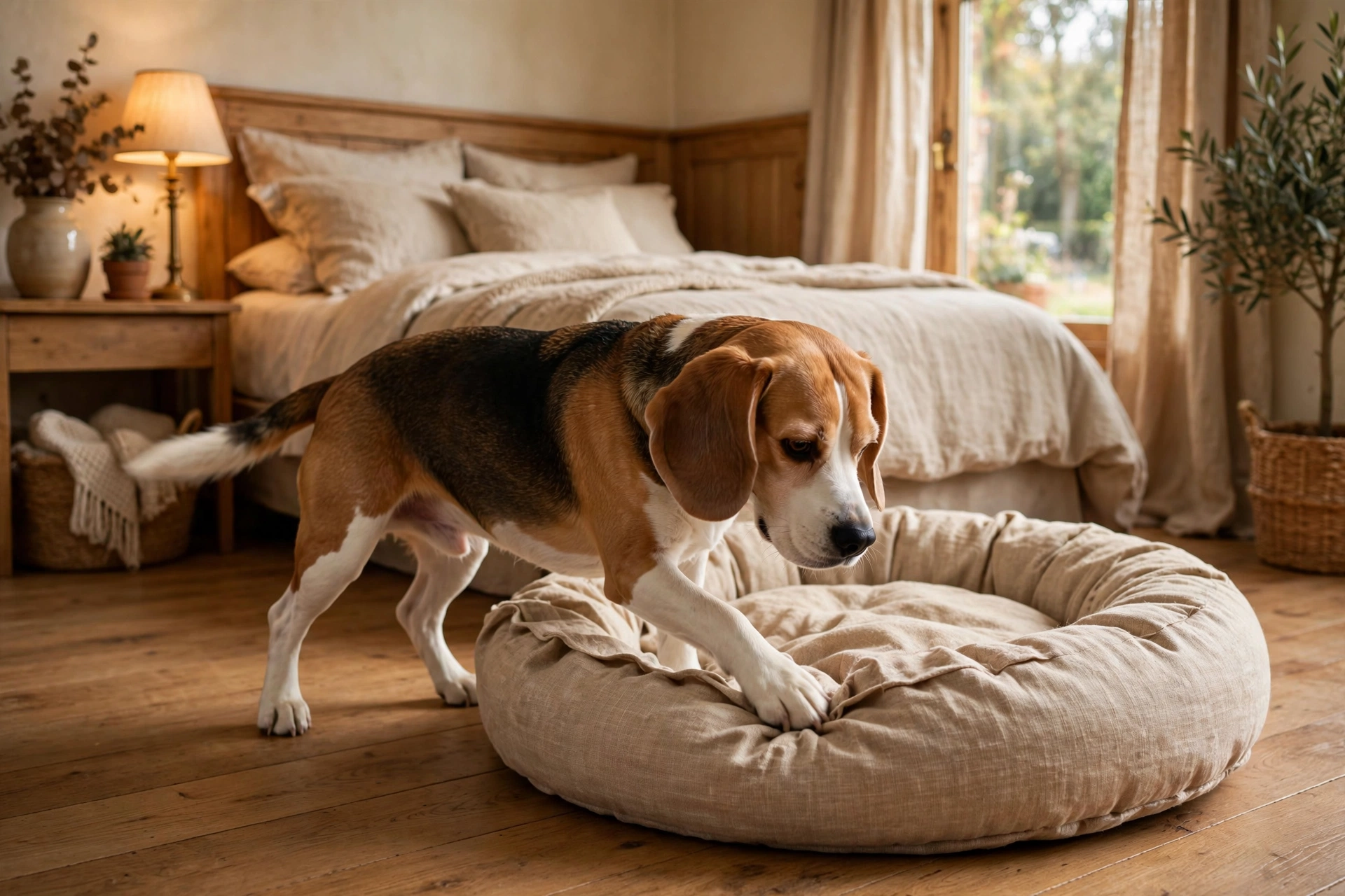Beagle circling and pawing at a dog bed to claim its sleeping spot