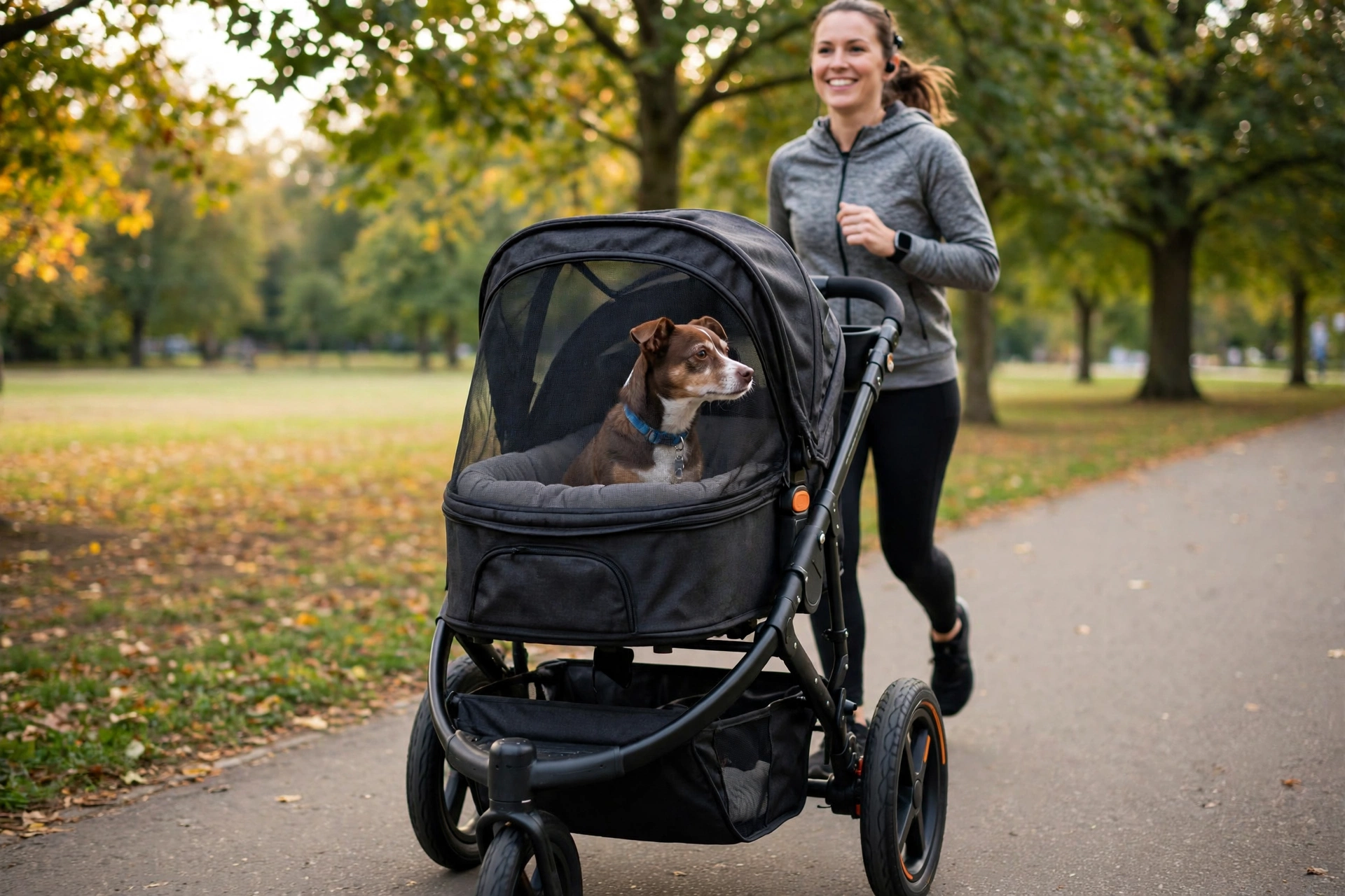Three-wheeled Paws and Pals pet jogger stroller being jogged in a park