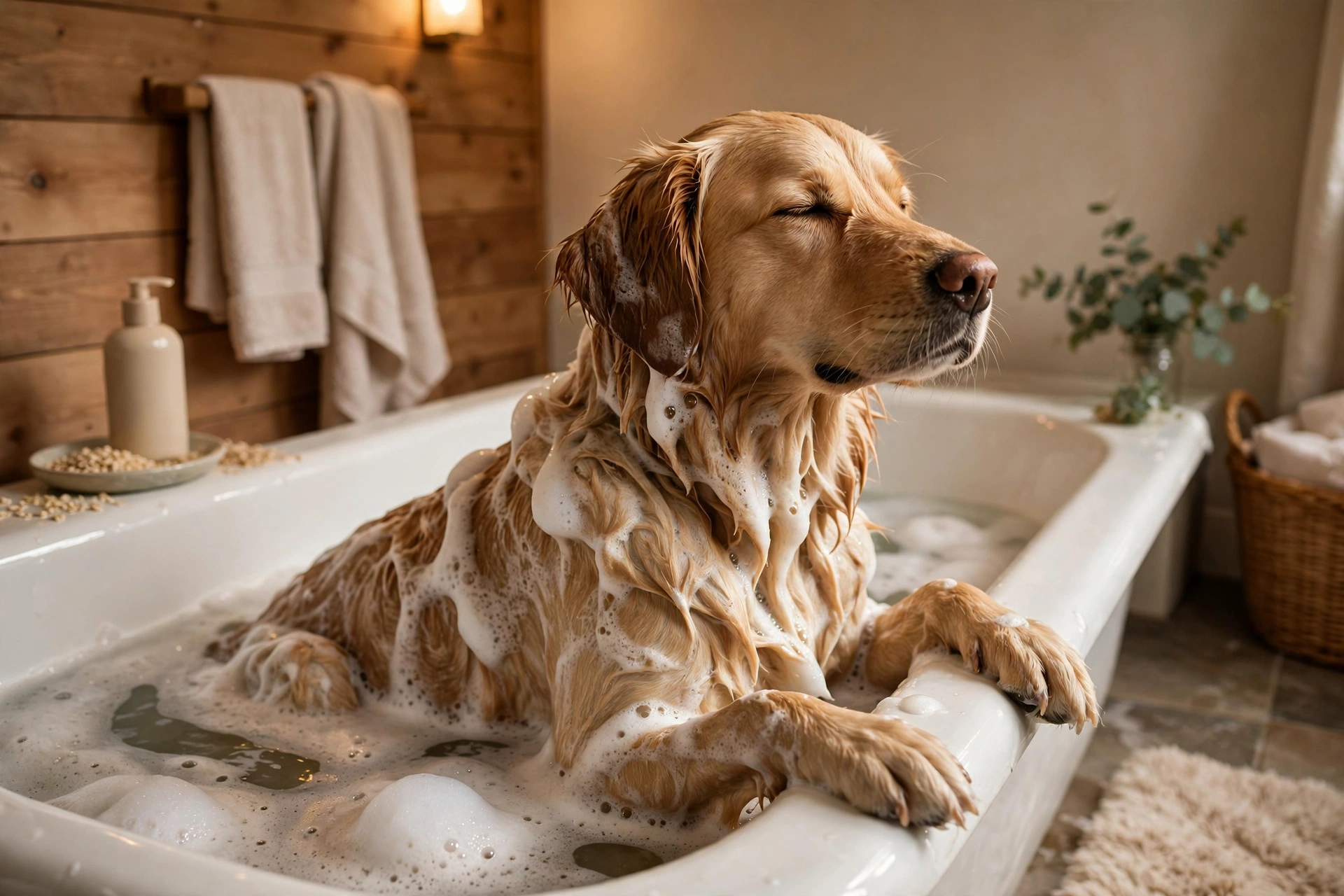 Dog being bathed with gentle oatmeal shampoo to soothe dry itchy skin