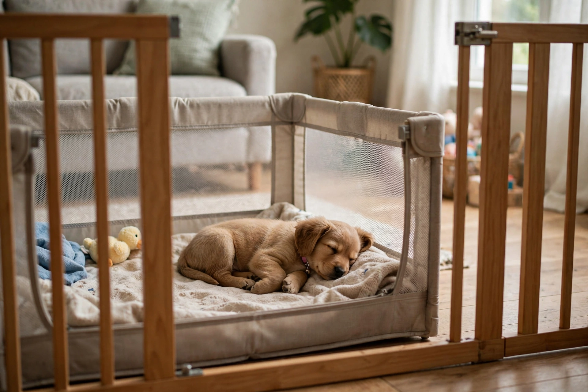 Puppy taking a calm time-out rest in a playpen