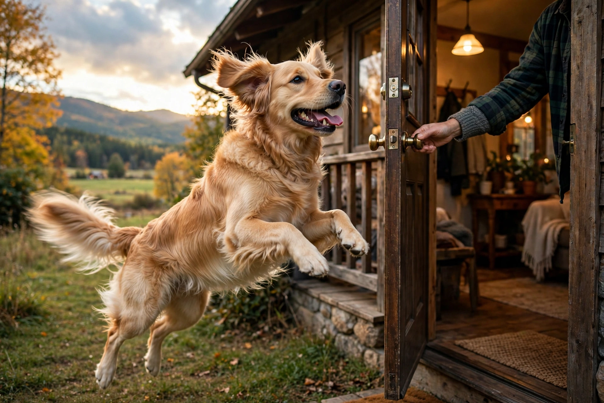 Excited dog jumping joyfully as its owner opens the front door, tail wagging