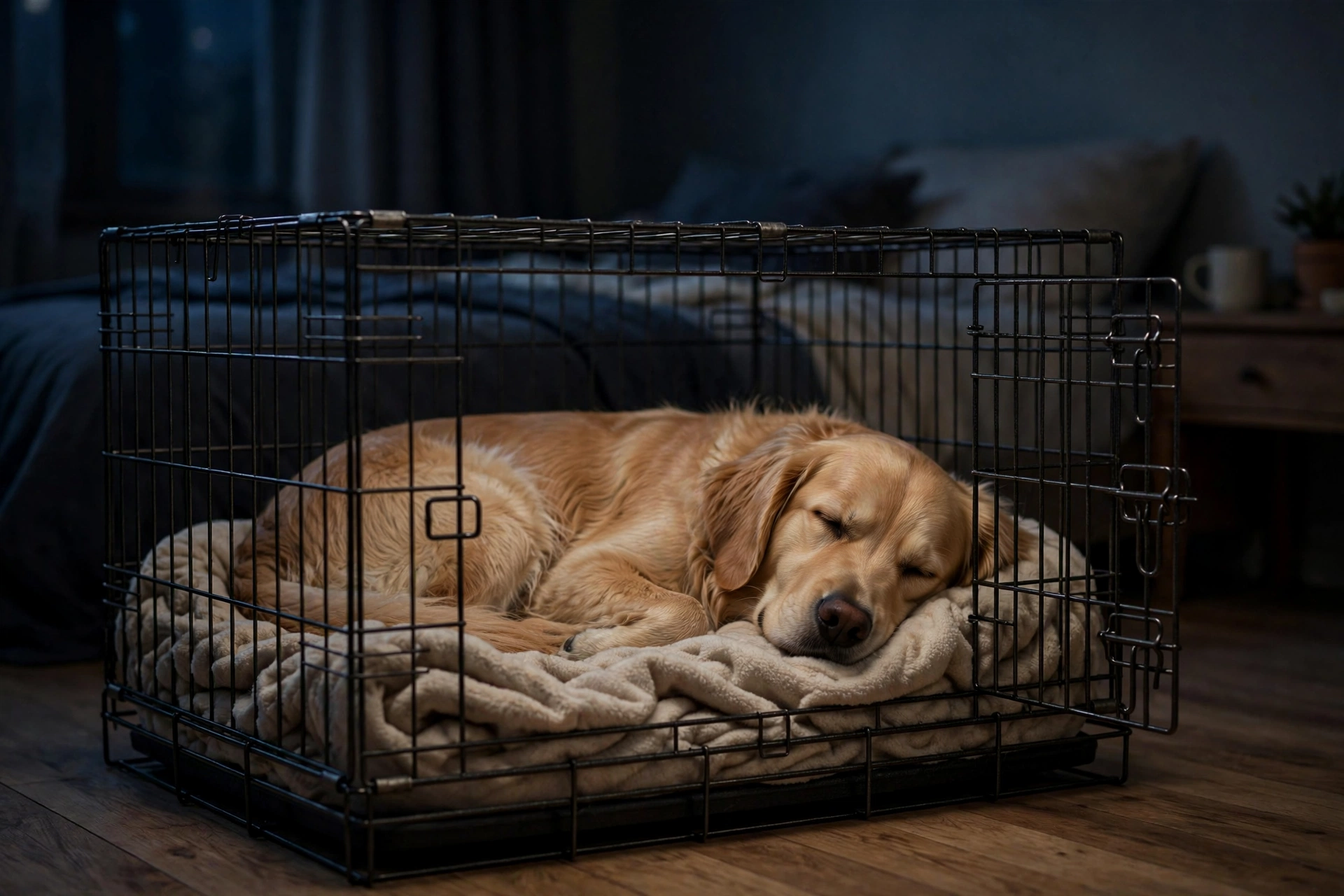 Dog sleeping calmly in a crate in a dim quiet bedroom at night