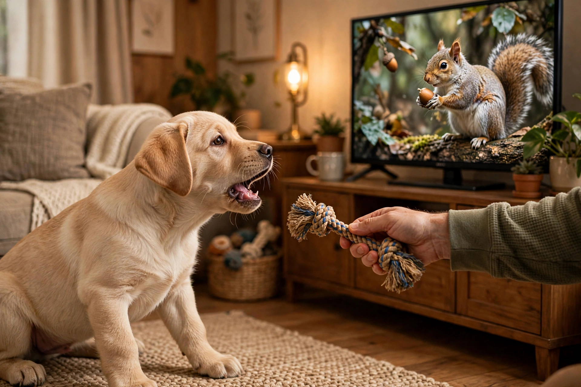 Labrador puppy barking at a squirrel on TV