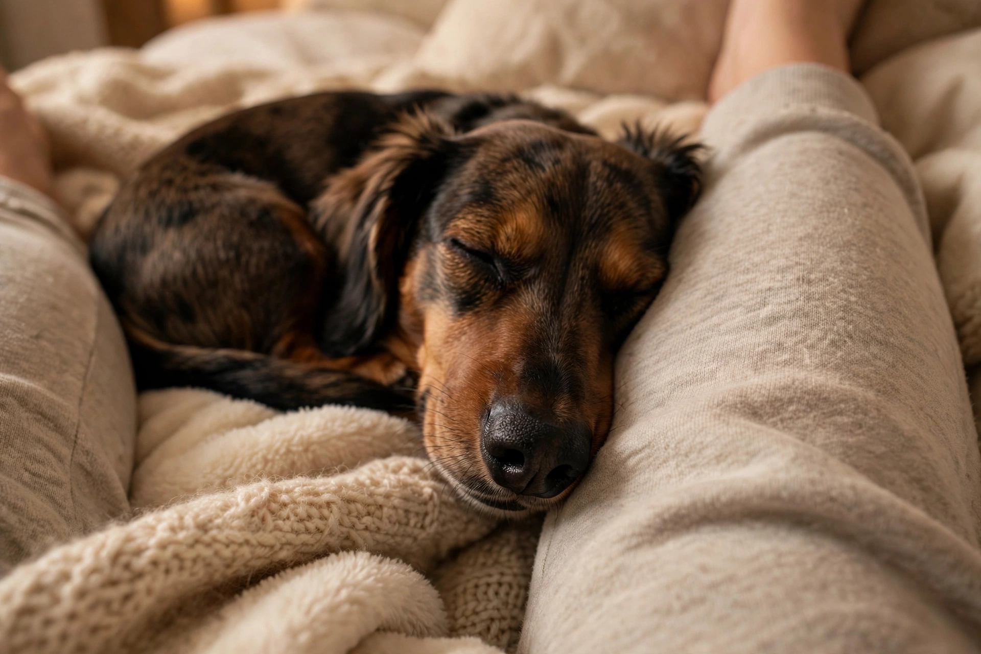 Dog's nose sniffing near its owner's leg, comforted by familiar scent