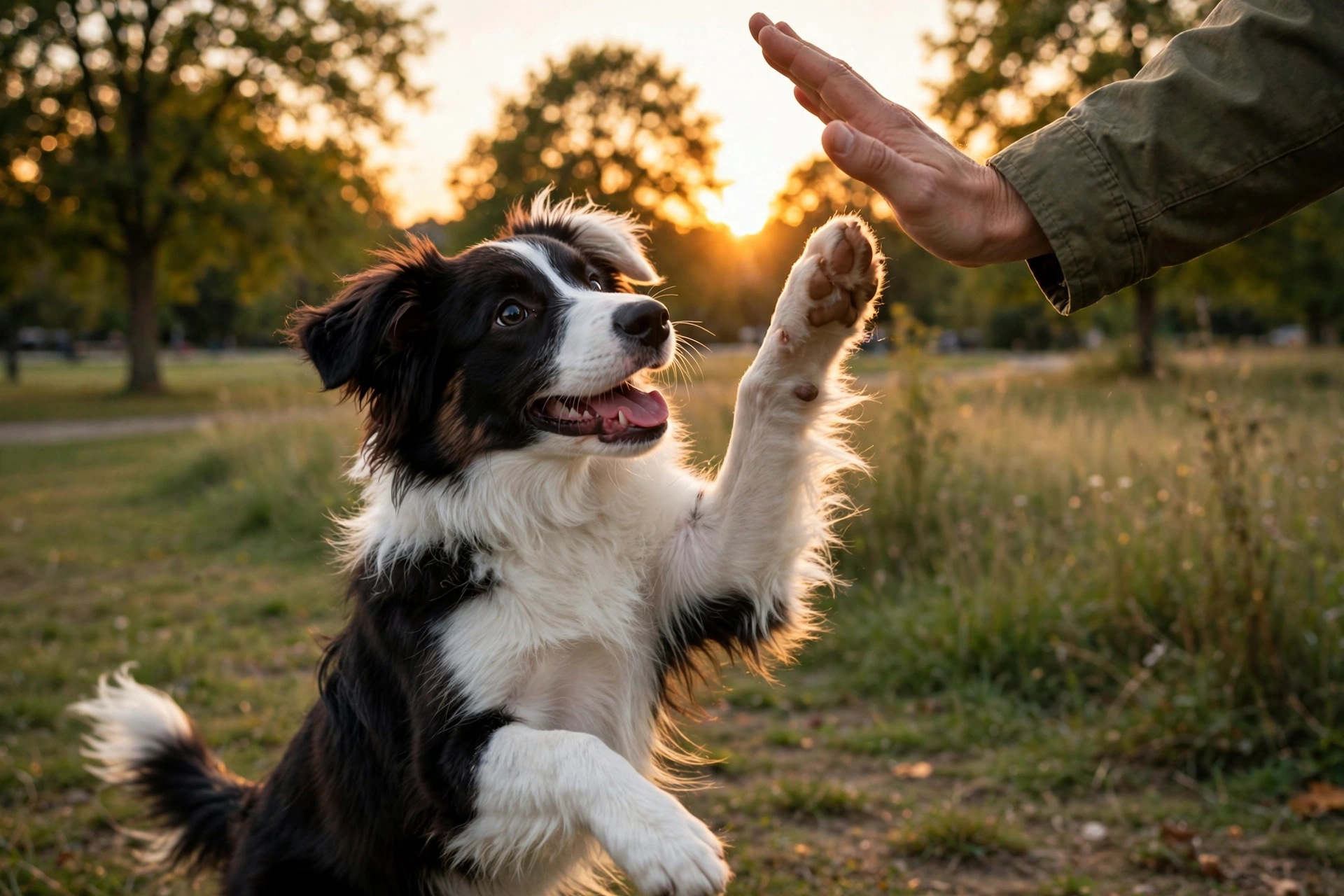 Border collie puppy giving a high five to owner's raised hand at sunset