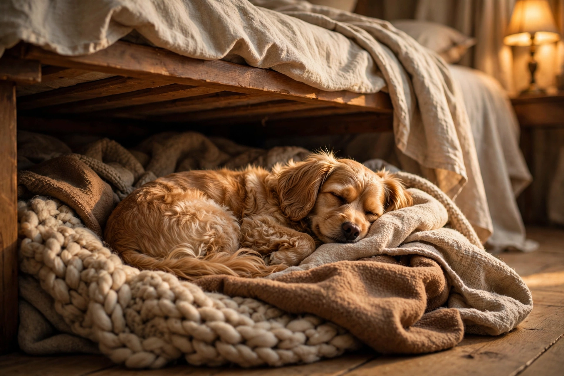 Dog curled up happily in a blanket den under the bed