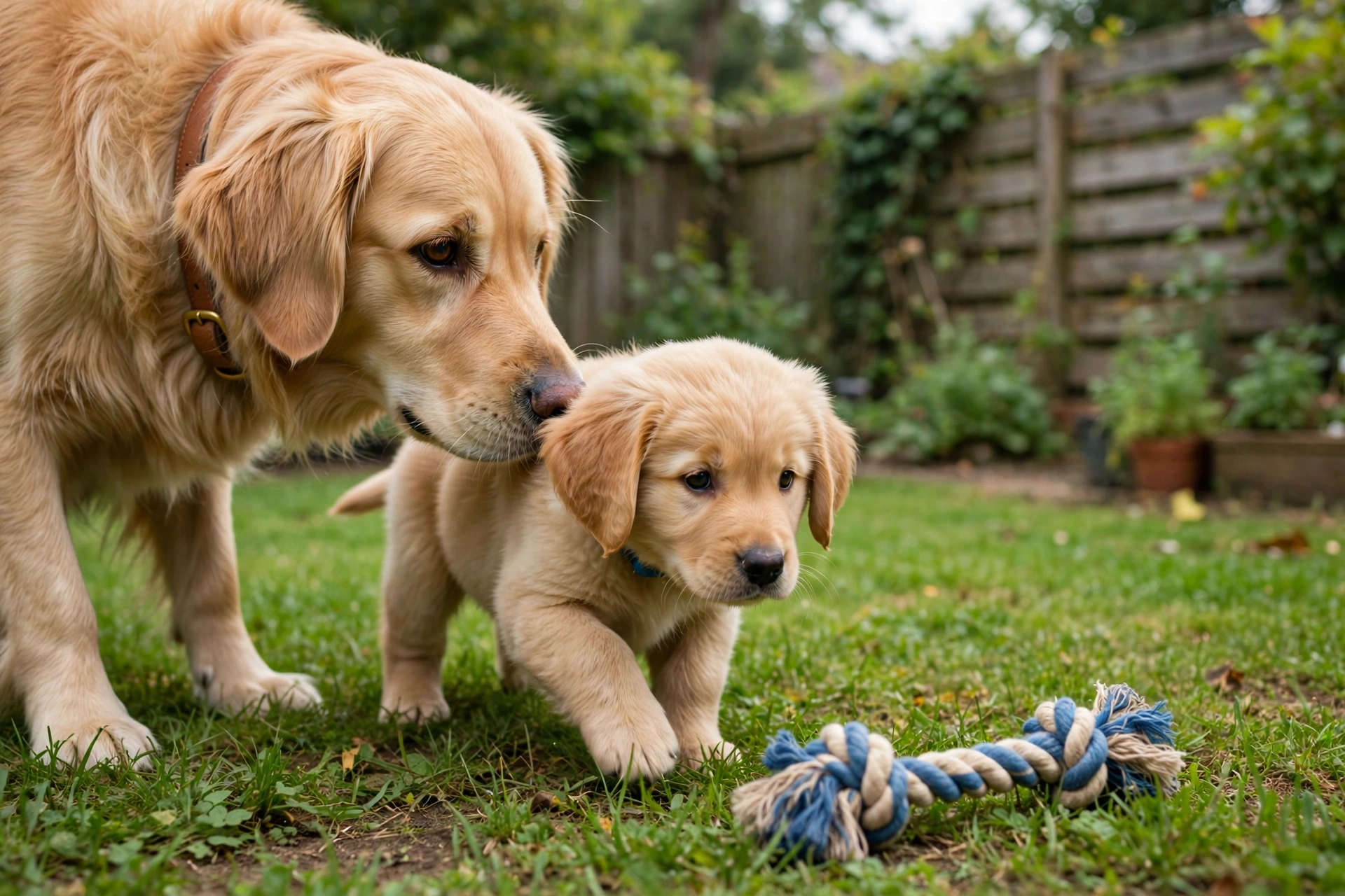 Mother dog nudging a puppy toward a toy in the backyard
