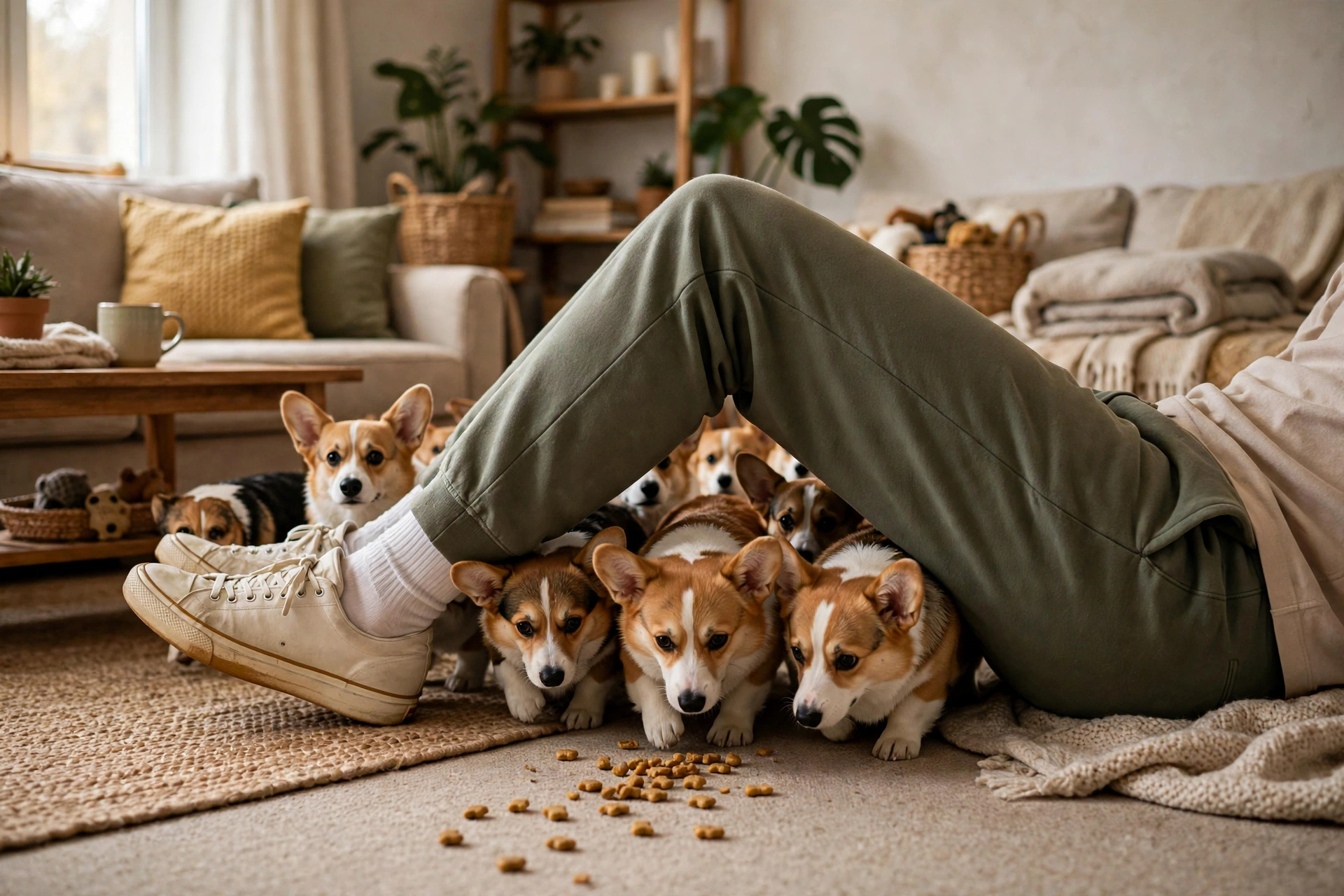 Dog army crawling under the owner's low leg tunnel