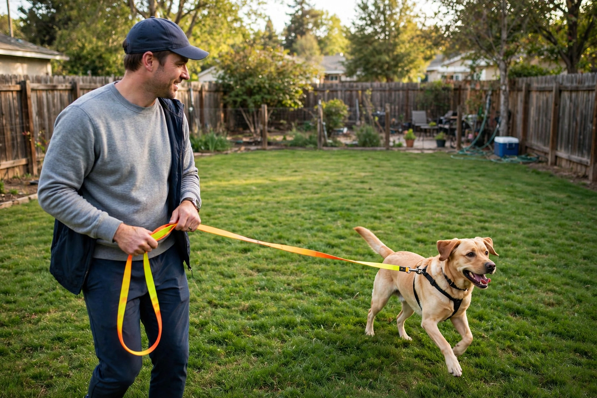 Dog owner supervising a labrador on a long training line in the backyard