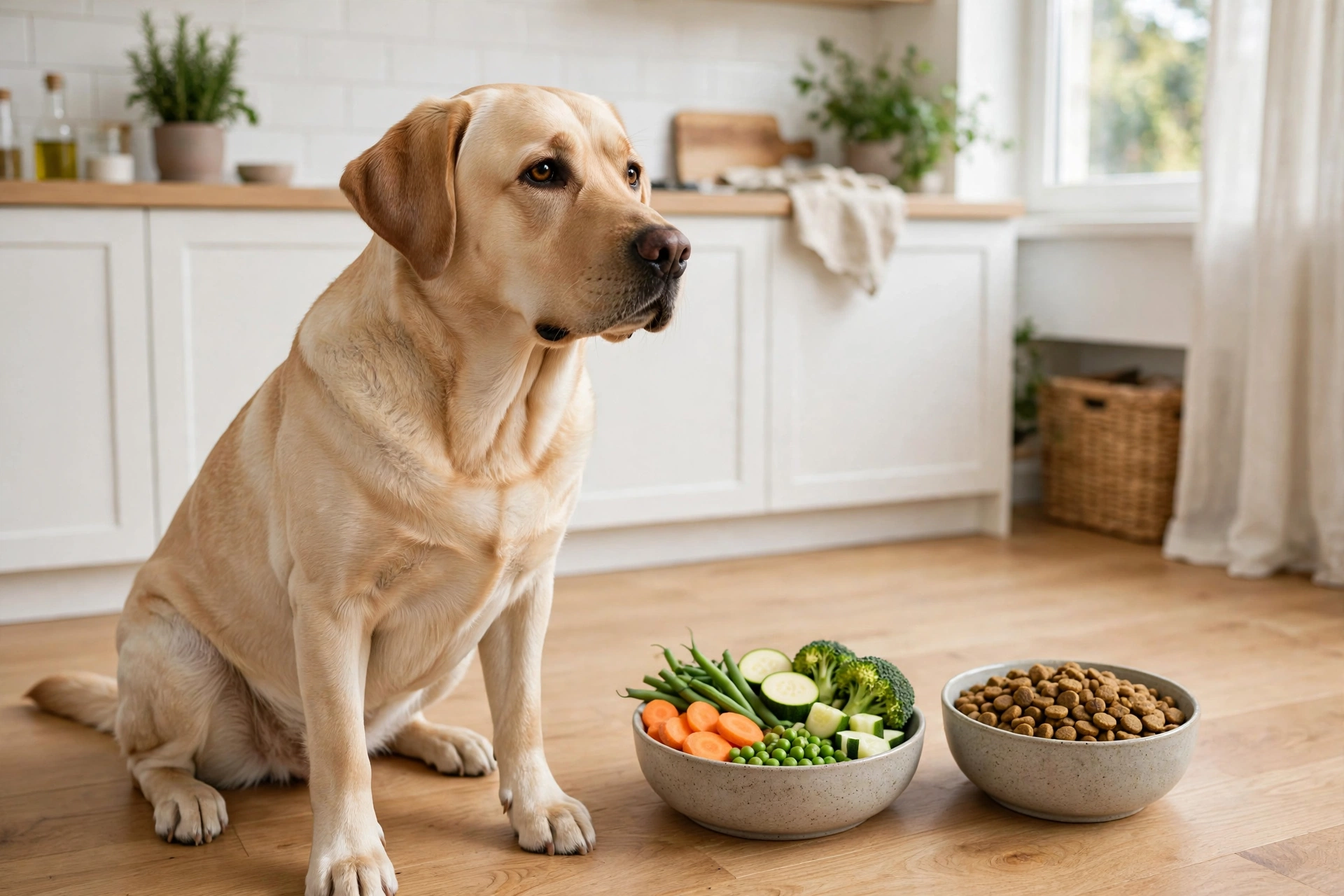 Healthy labrador sitting next to a bowl of fresh dog-friendly vegetables and quality kibble