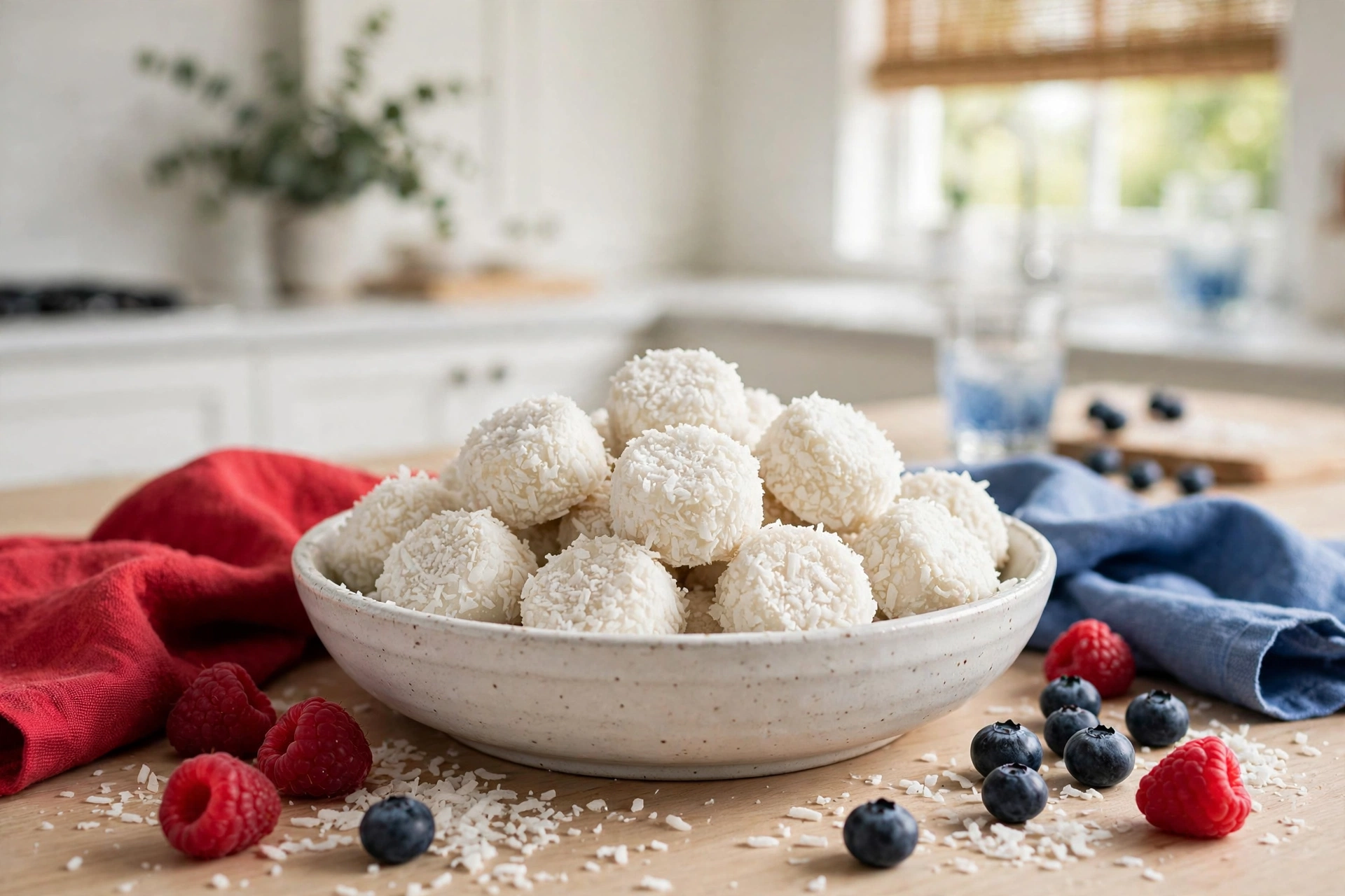 White coconut snow bite dog treats in a bowl
