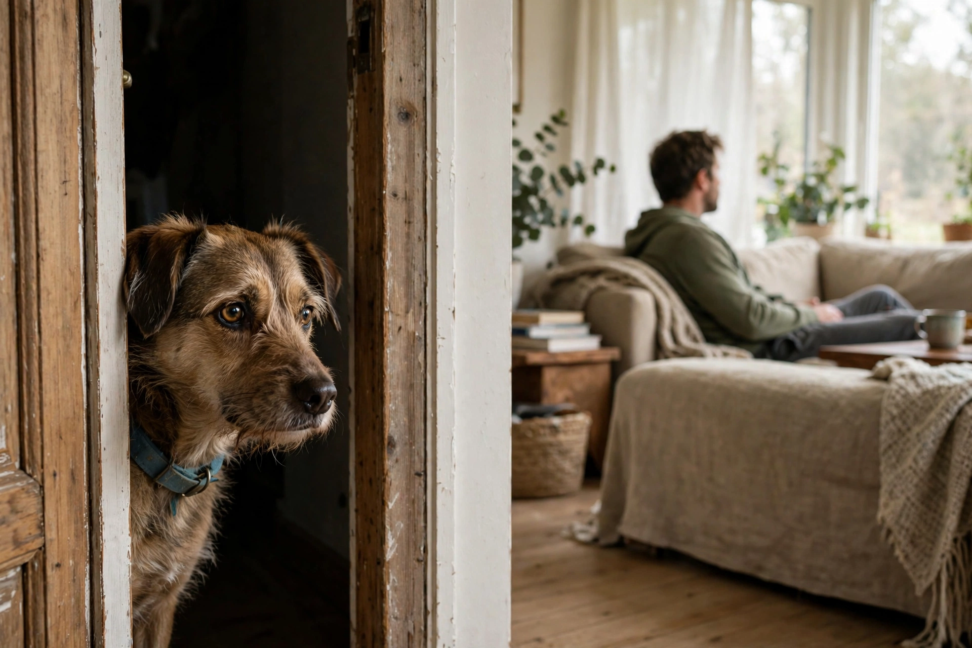 Shy dog peeking from a doorway watching a man